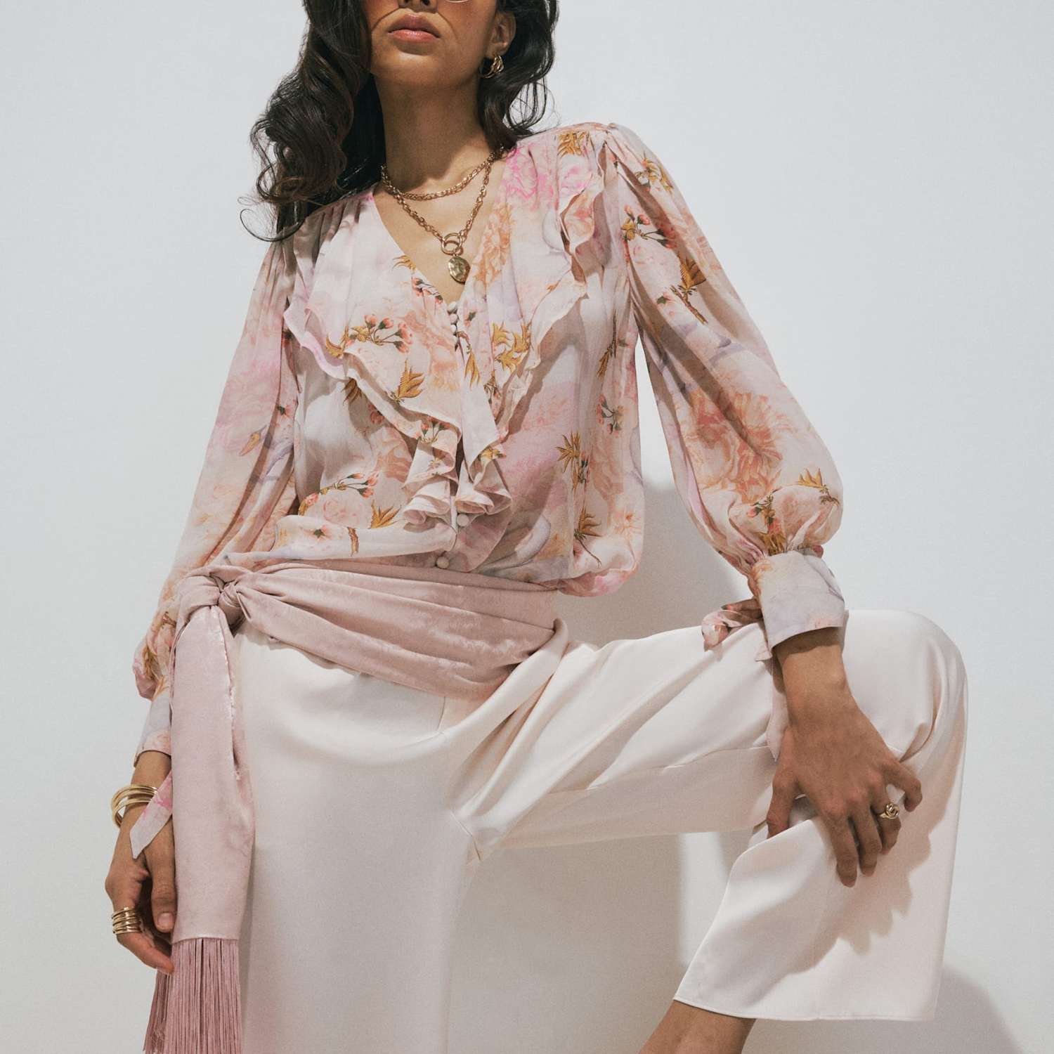 River Island Women's Floral Ruffle Detail Blouse - 10 - Beige Mix - Available at M&S