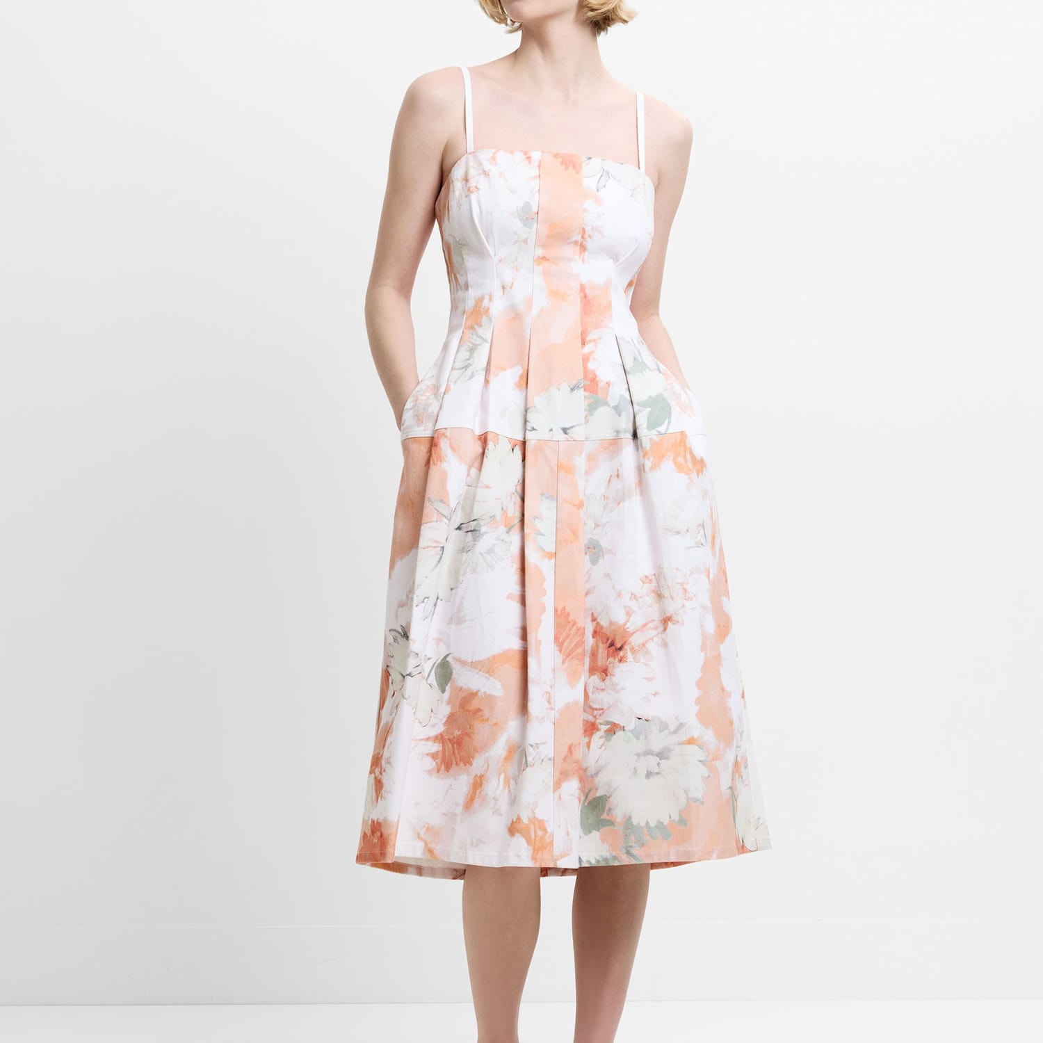 French Connection Women's Denim Floral Square Neck Midi Skater Dress - 12 - Orange Mix - Available at M&S