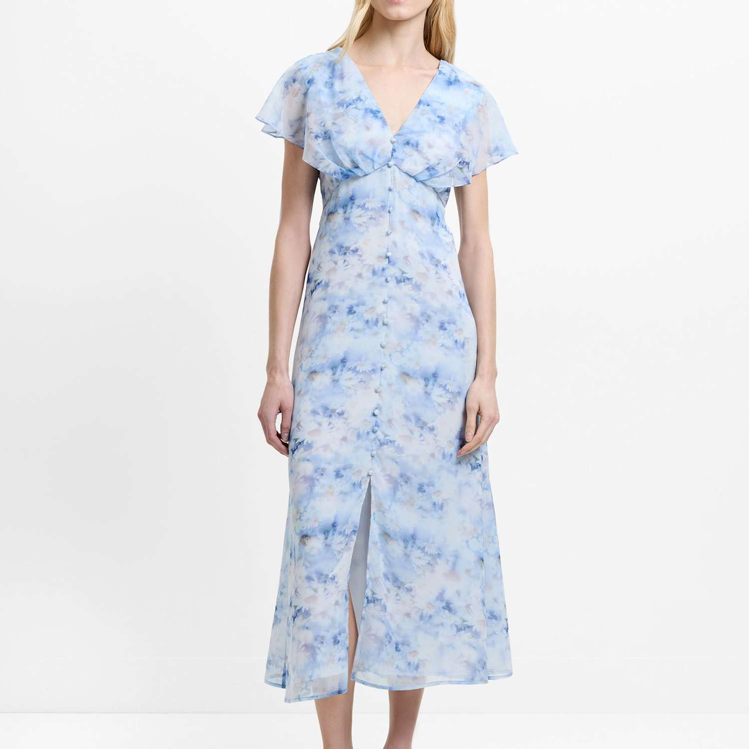 French Connection Women's Floral V-Neck Midi Tea Dress - 14 - Blue Mix - Available at M&S