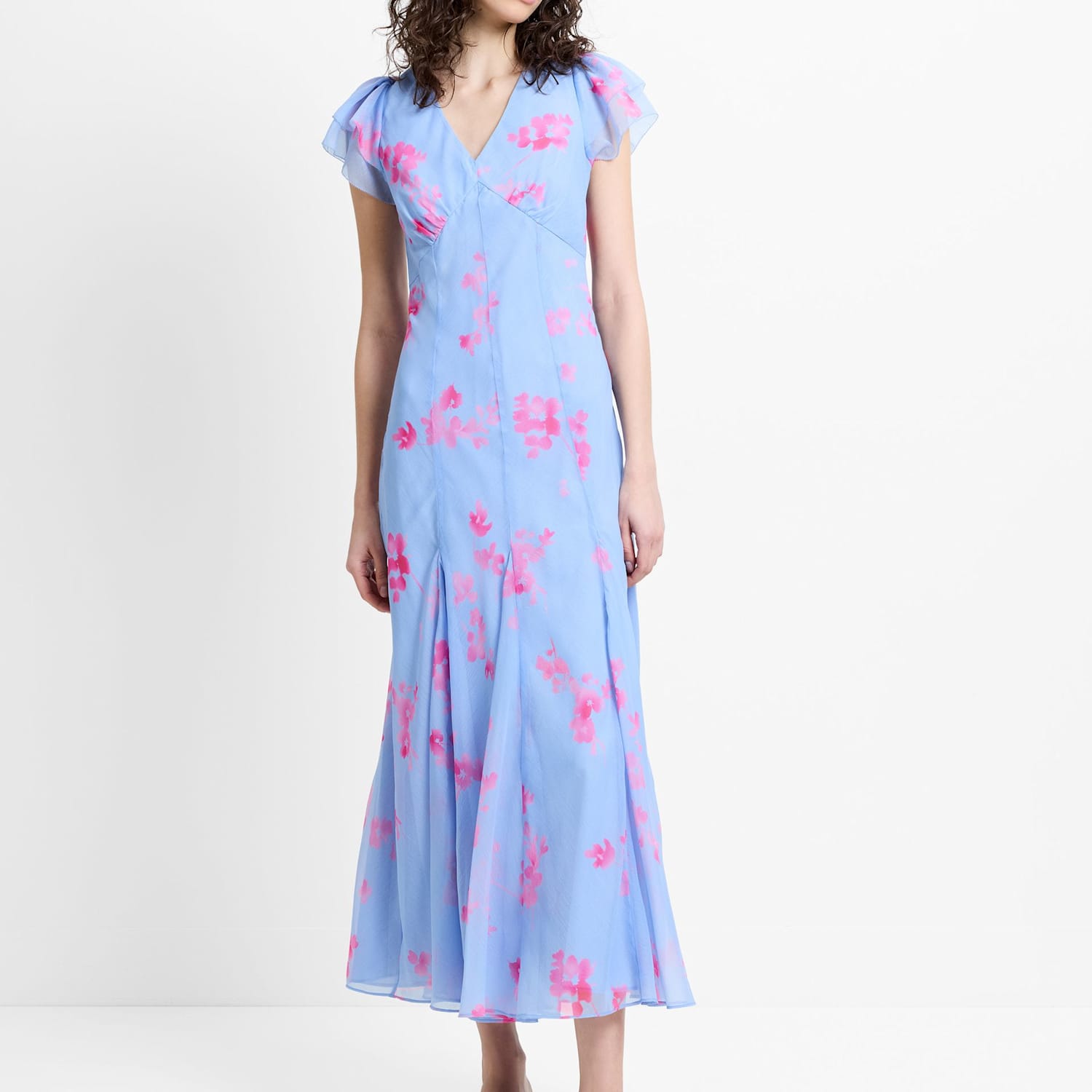 French Connection Women's Chiffon Floral V-Neck Midi Tea Dress - 16 - Blue Mix - Available at M&S