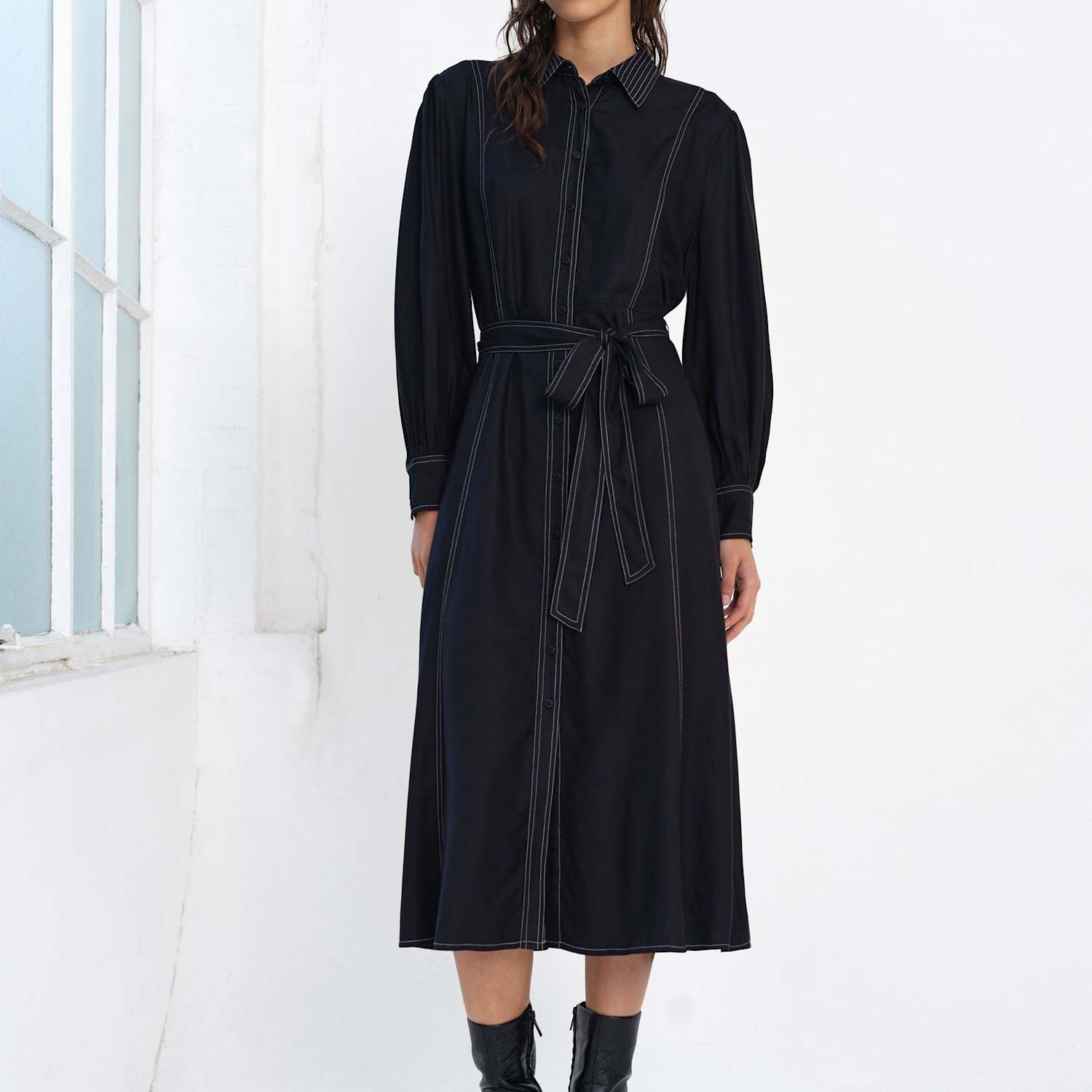 French Connection Women's Belted Midi Shirt Dress - 8 - Black Mix - Available at M&S