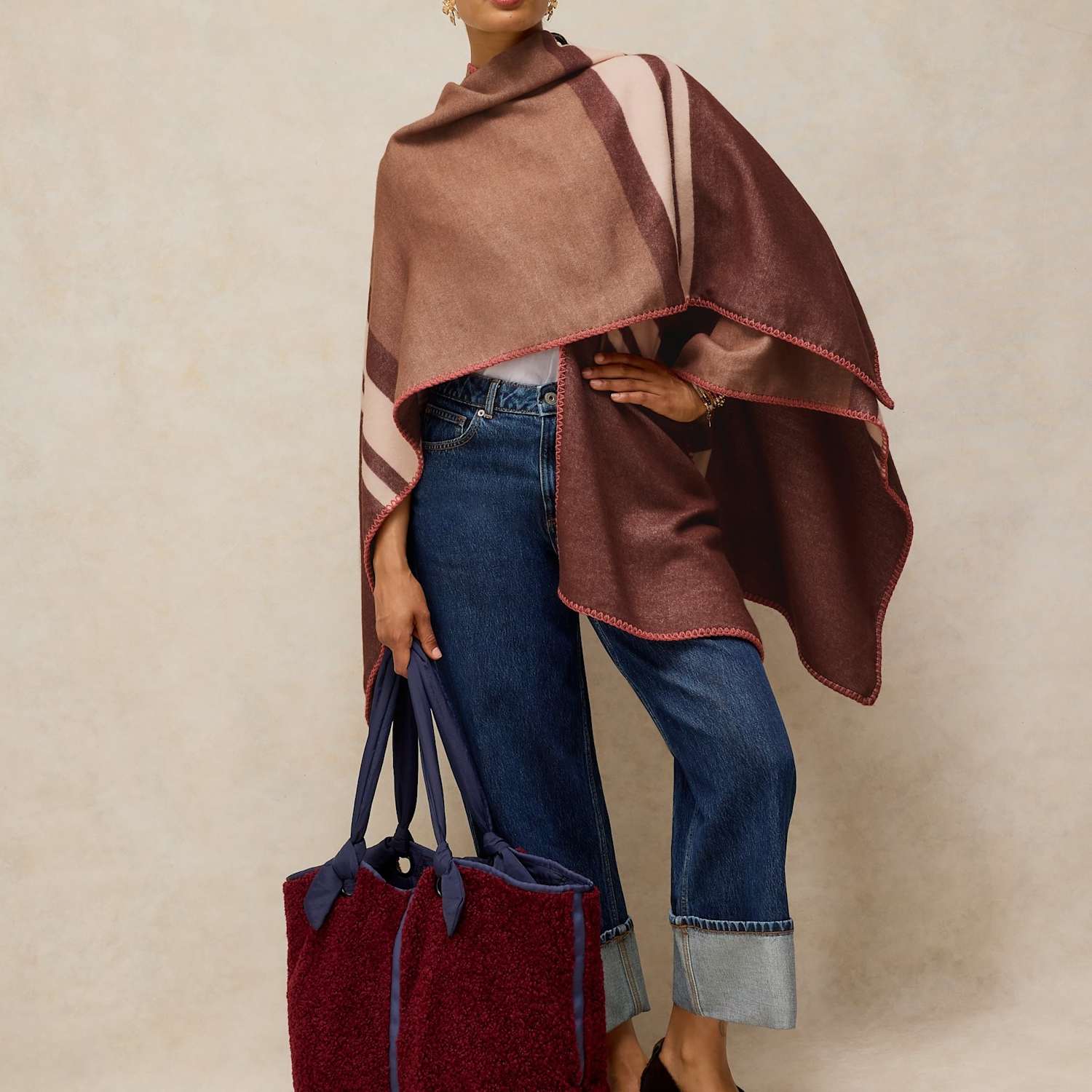 White Stuff Women's Stripe Detail Poncho - Brown Mix - Available at M&S