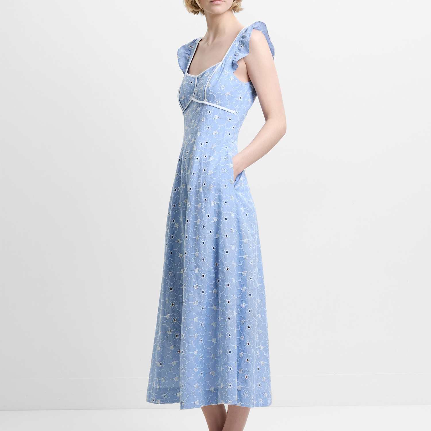 French Connection Women's Pure Cotton Broderie Square Neck Midi Dress - 10 - Light Blue Mix - Available at M&S