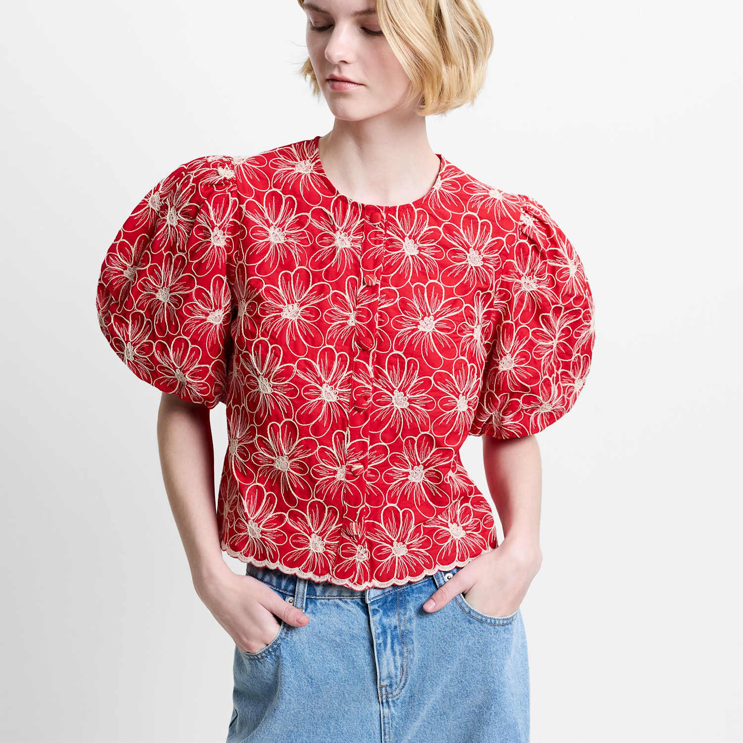 French Connection Women's Cotton Blend Floral Crew Neck Top - Medium - Red Mix - Available at M&S