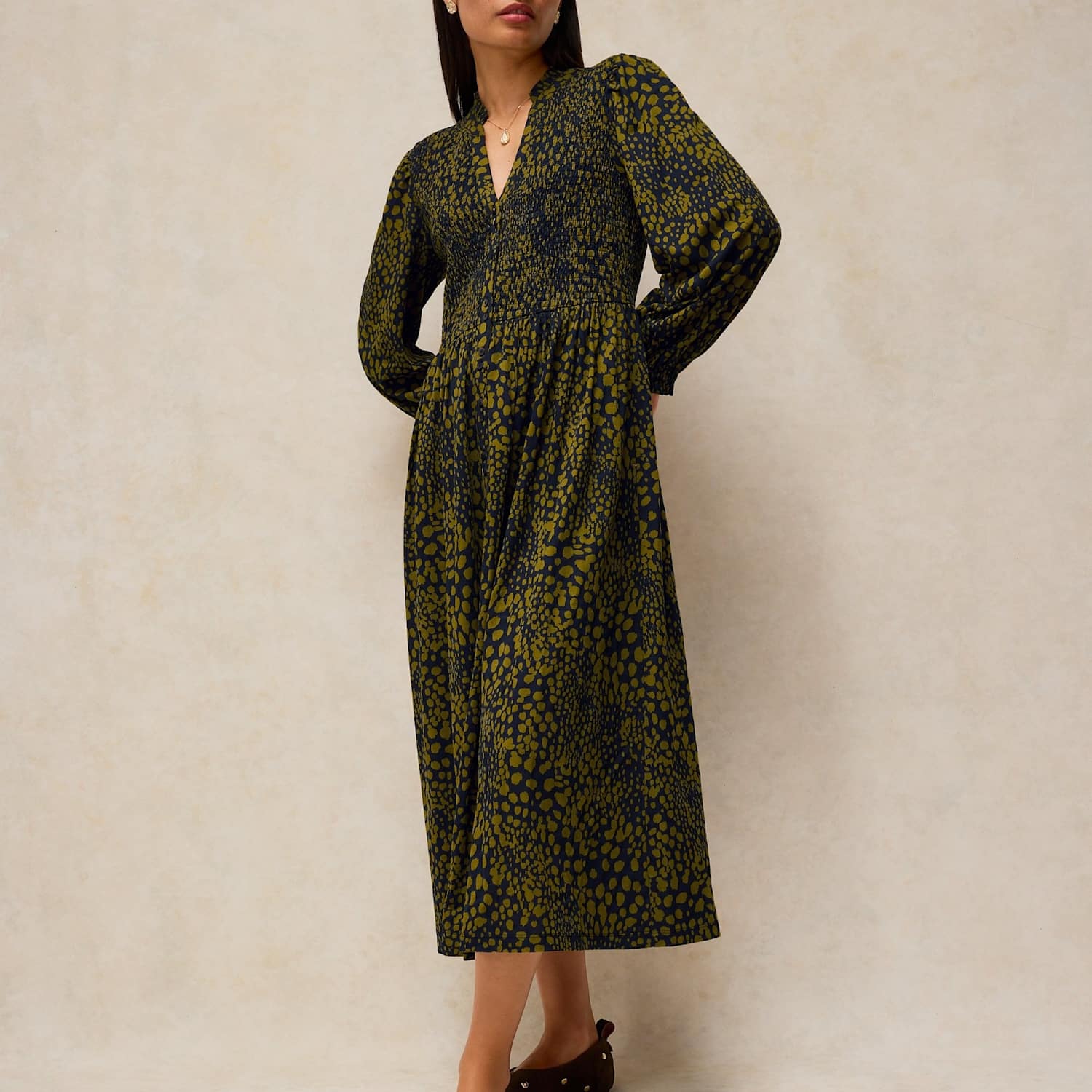 White Stuff Women's Ada Notch Neck Shirred Midi Dress - 16 - Green Mix - Available at M&S