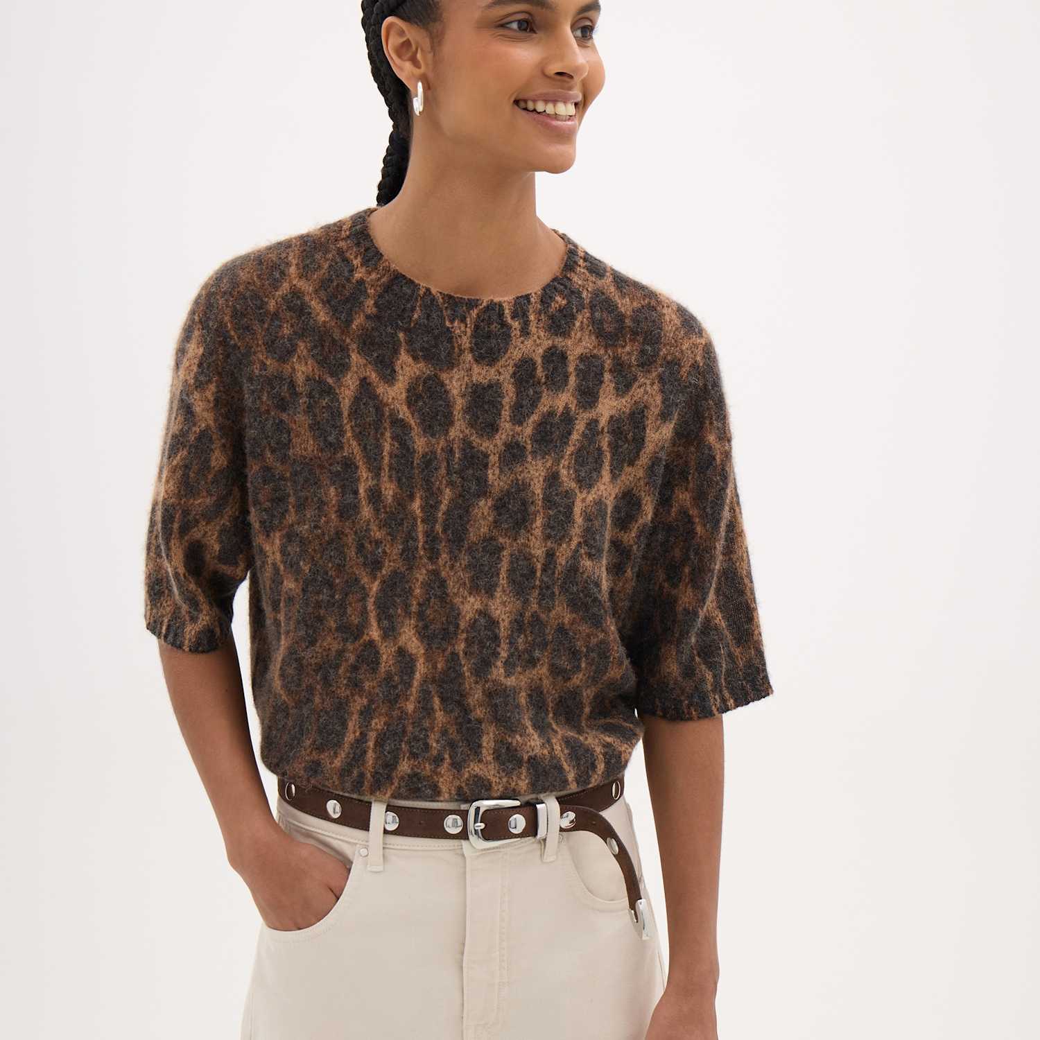 Hush Women's Alpaca Blend Leopard Print Knitted T-Shirt - XS-S - Brown Mix - Available at M&S