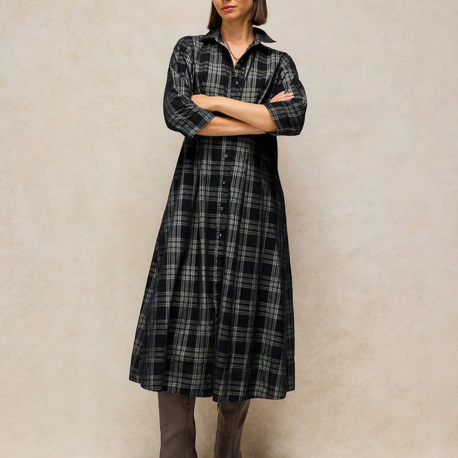 White Stuff Women's Ellie Cord Notch Neck Pleated Midi Dress - 14 - Black Mix - Available at M&S