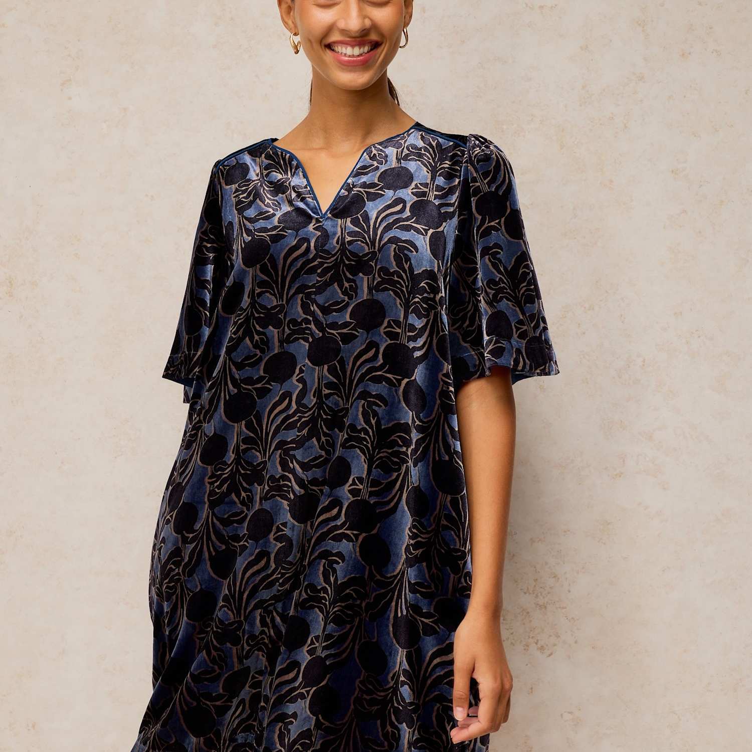 White Stuff Women's Harper Velvet Notch Neck Midi Shift Dress - 10 - Blue Mix - Available at M&S