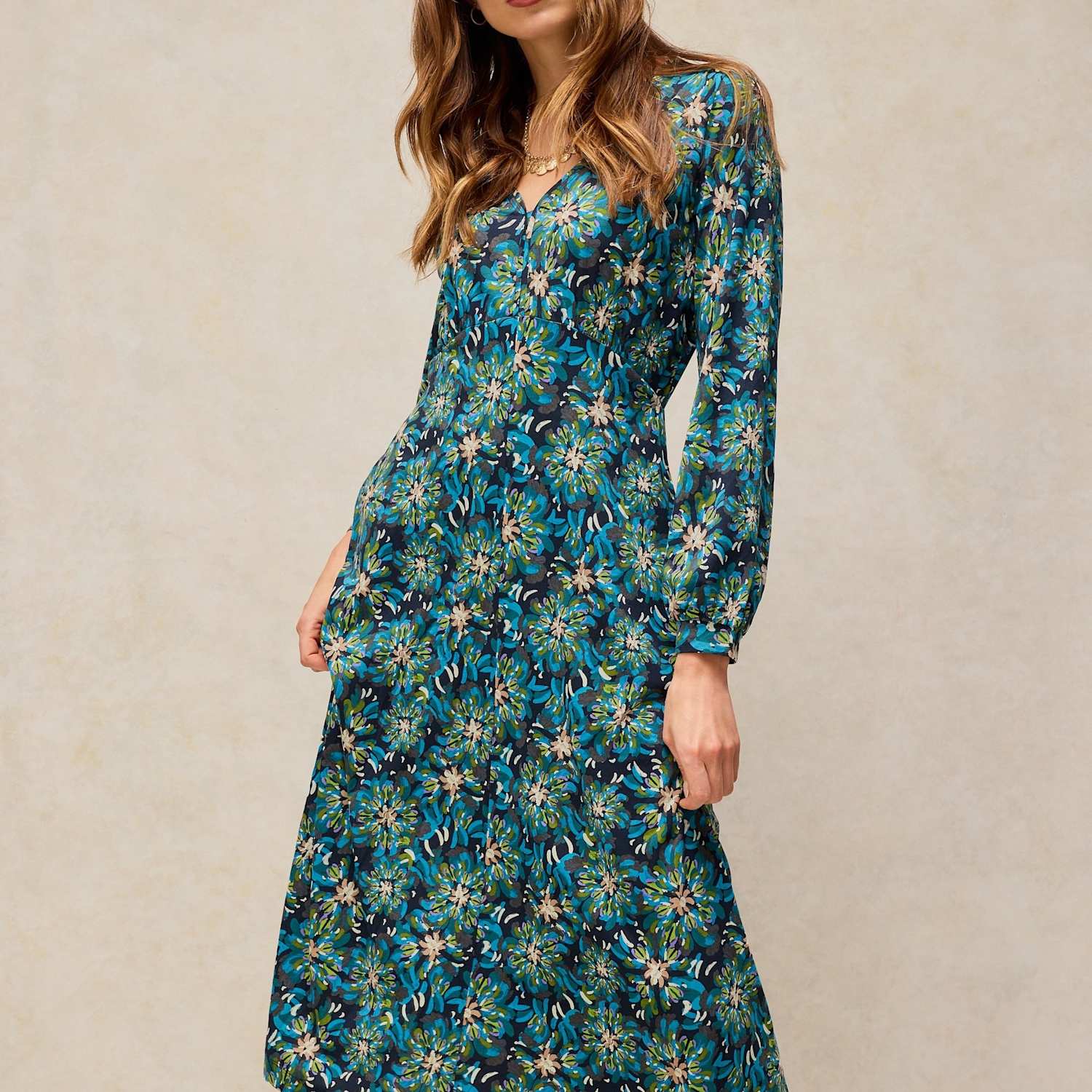 White Stuff Women's Cotton Blend Jersey V Neck Fit And Flare Dress - 16 - Teal Mix - Available at M&S