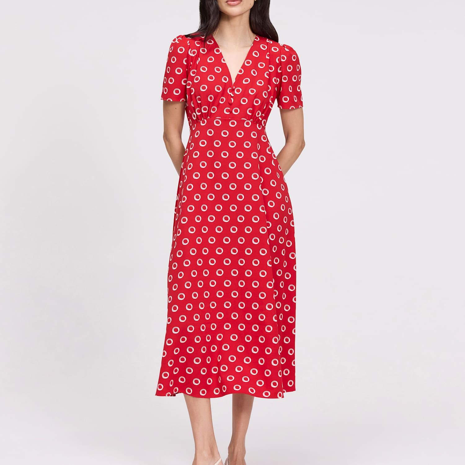 Finery London Women's Printed V-Neck Midi Tea Dress - 20 - Red Mix - Available at M&S