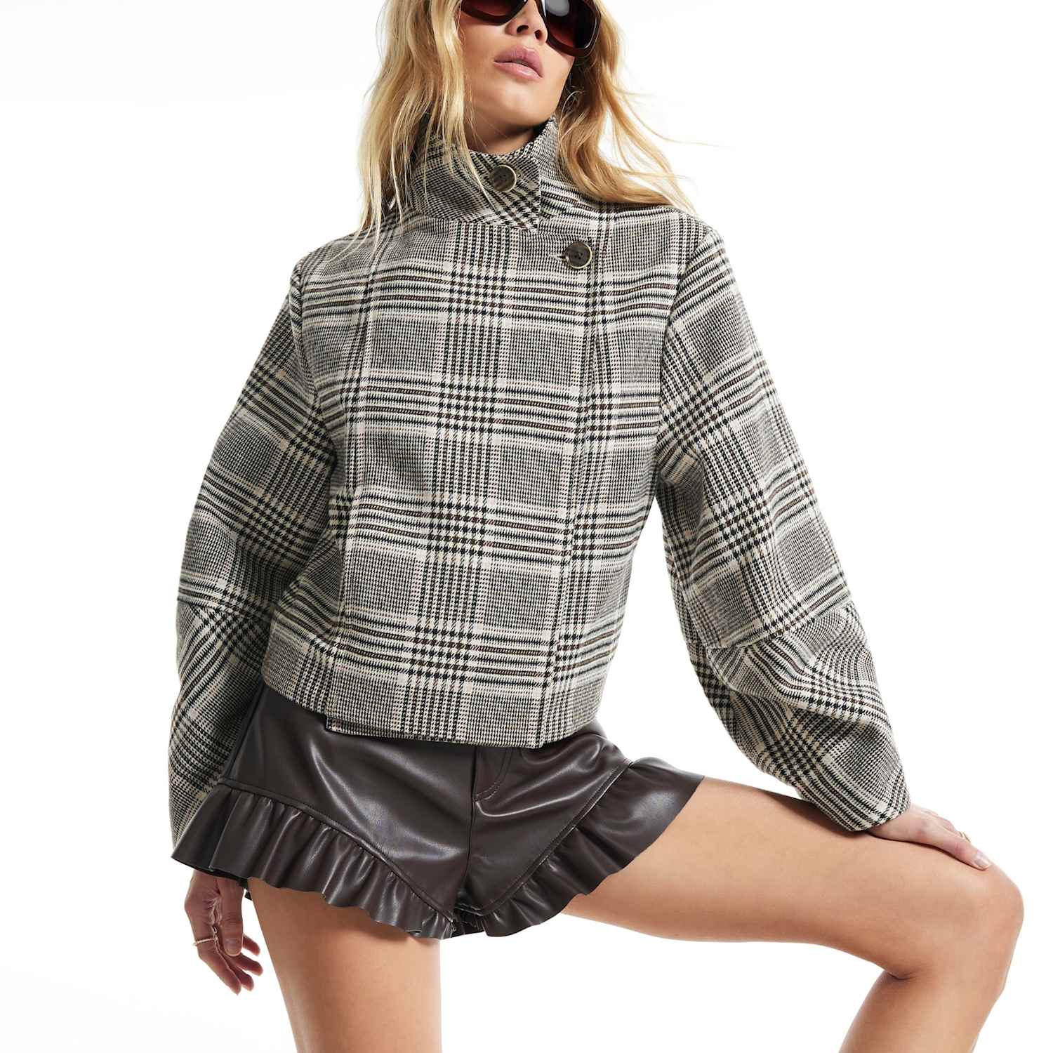 River Island Women's Checked Lightweight Funnel Neck Jacket - 14 - Beige Mix - Available at M&S