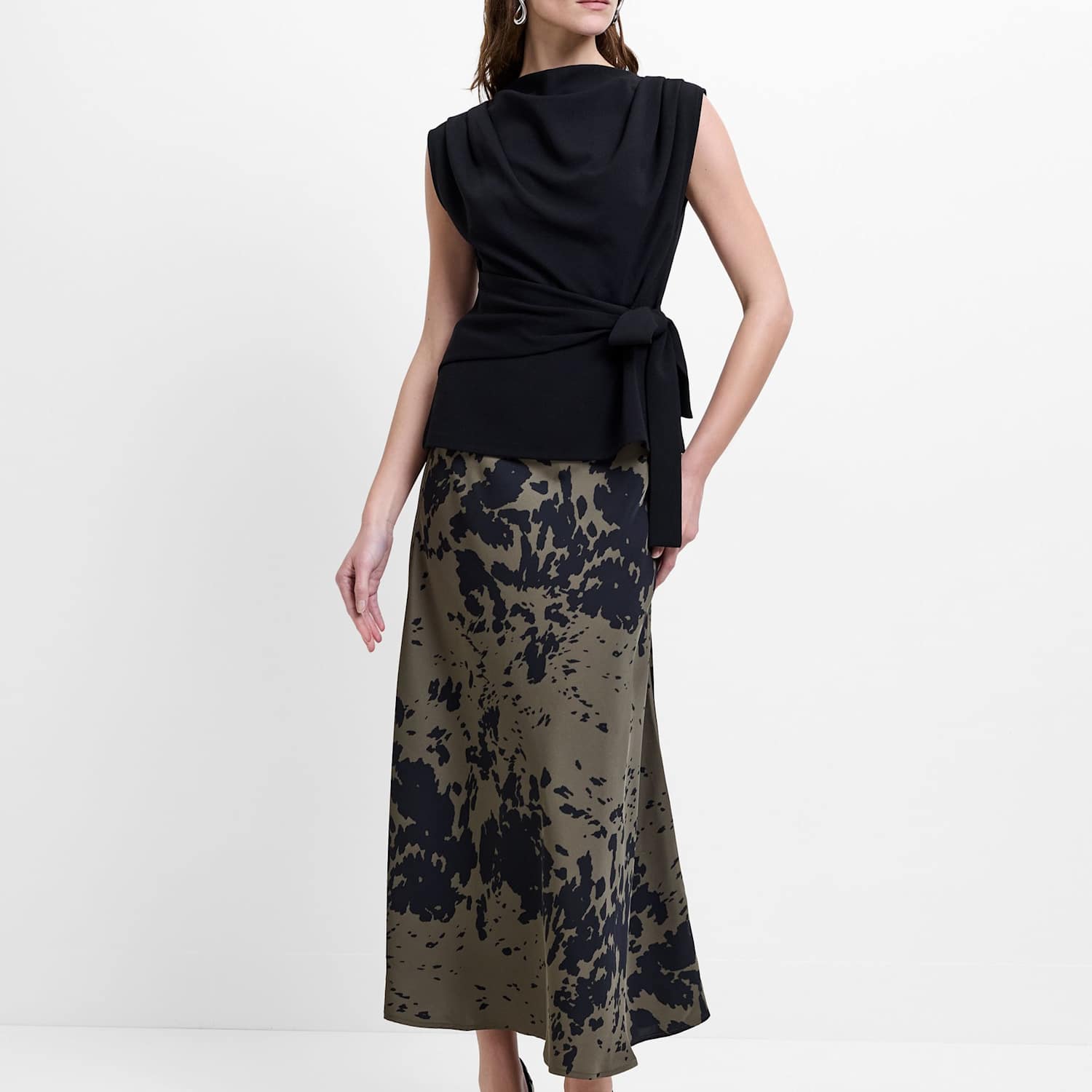French Connection Women's Printed Midi Slip Skirt - 6 - Khaki Mix - Available at M&S