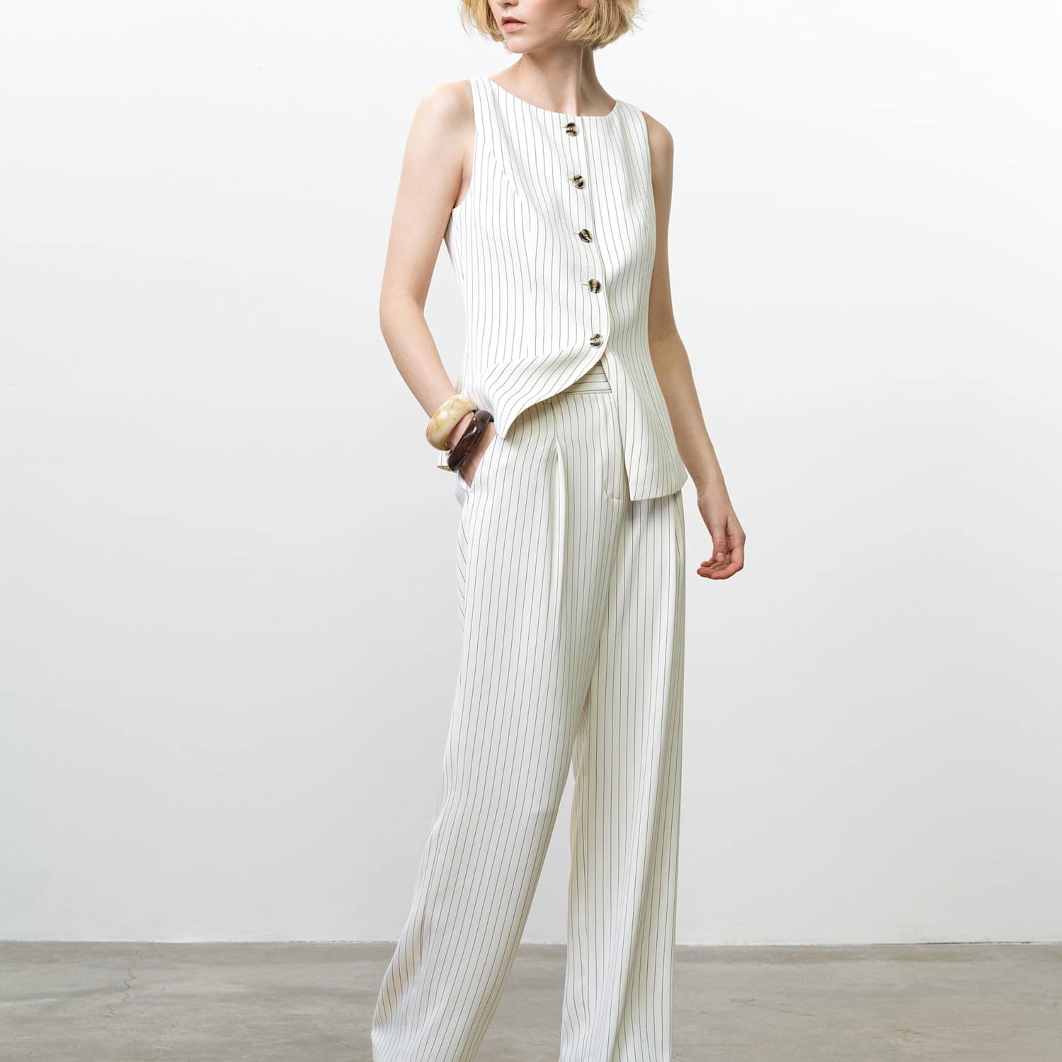 French Connection Women's Pinstripe Pleat Front Wide Leg Trousers - 8 - Cream Mix - Available at M&S