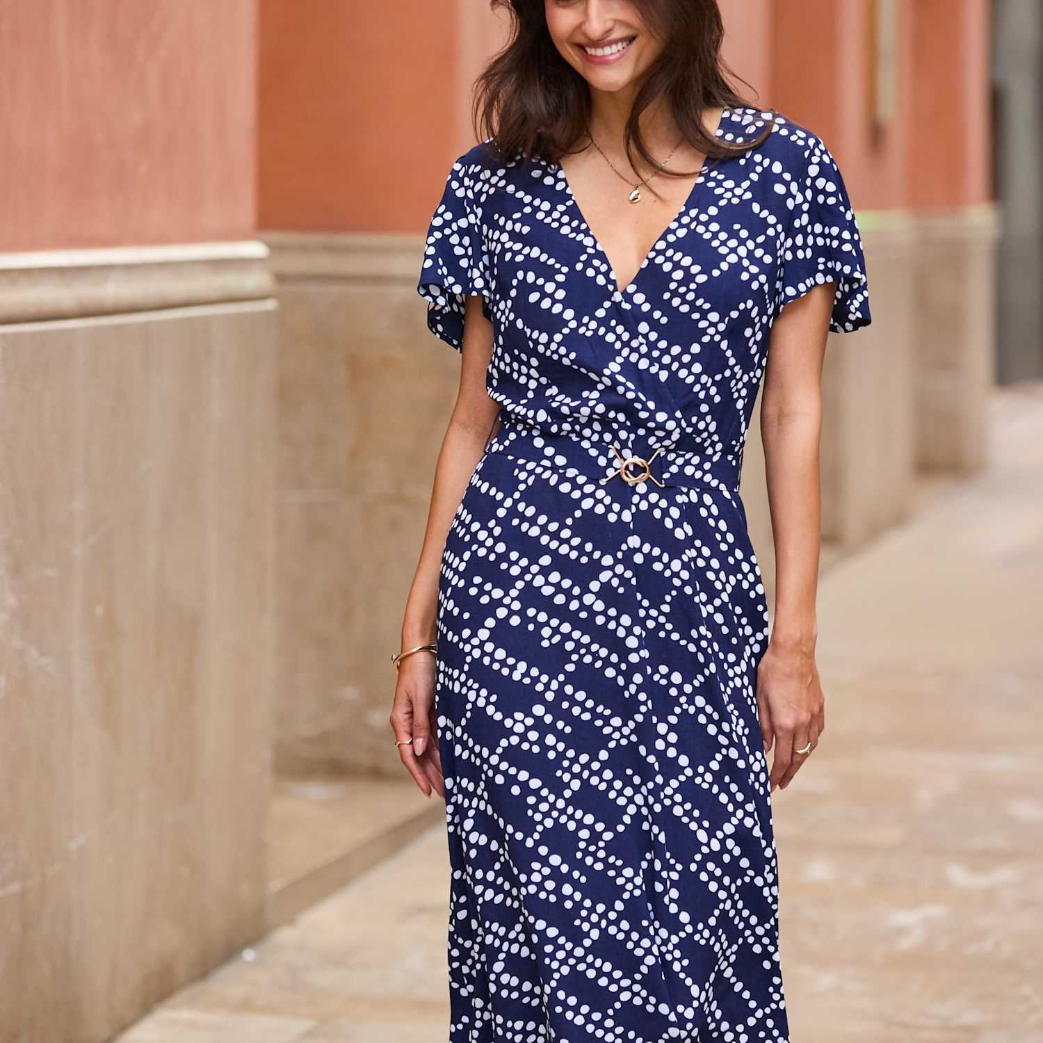 Sosandar Women's Spot Print V-Neck Belted Midi Skater Dress - 14 - Navy Mix - Available at M&S