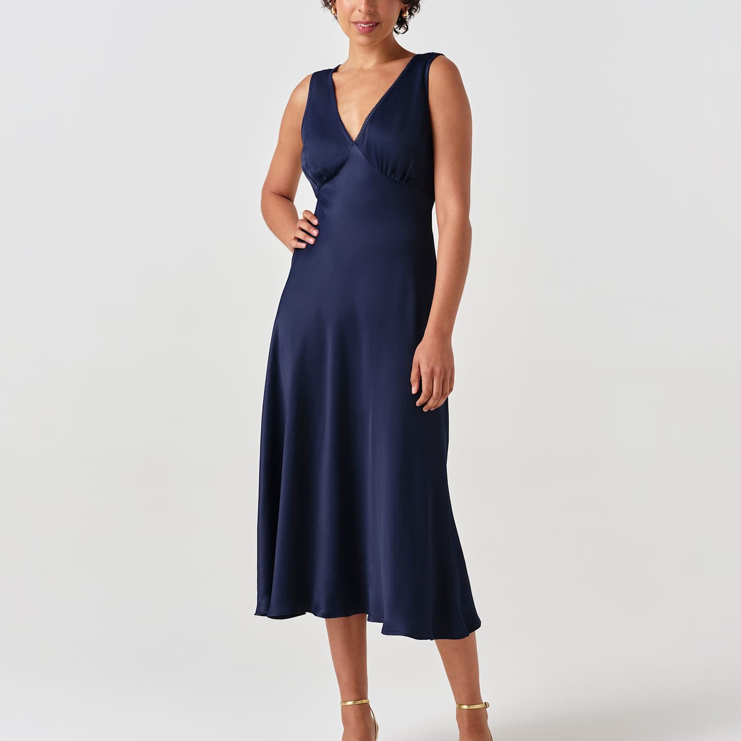 Ghost Women's Satin V-Neck Tie Back Midi Tea Dress - 10 - Navy - Available at M&S