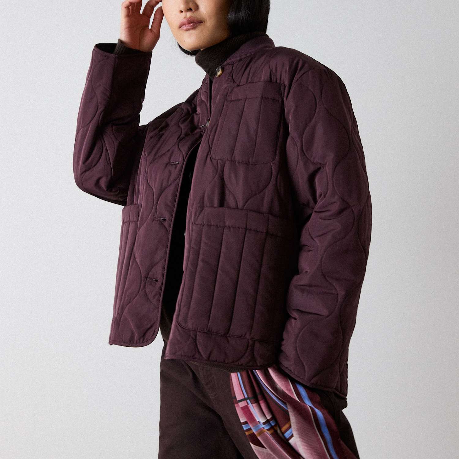 Whistles Women's Quilted Bomber Collar Button Through Coat - Small - Burgundy - Available at M&S