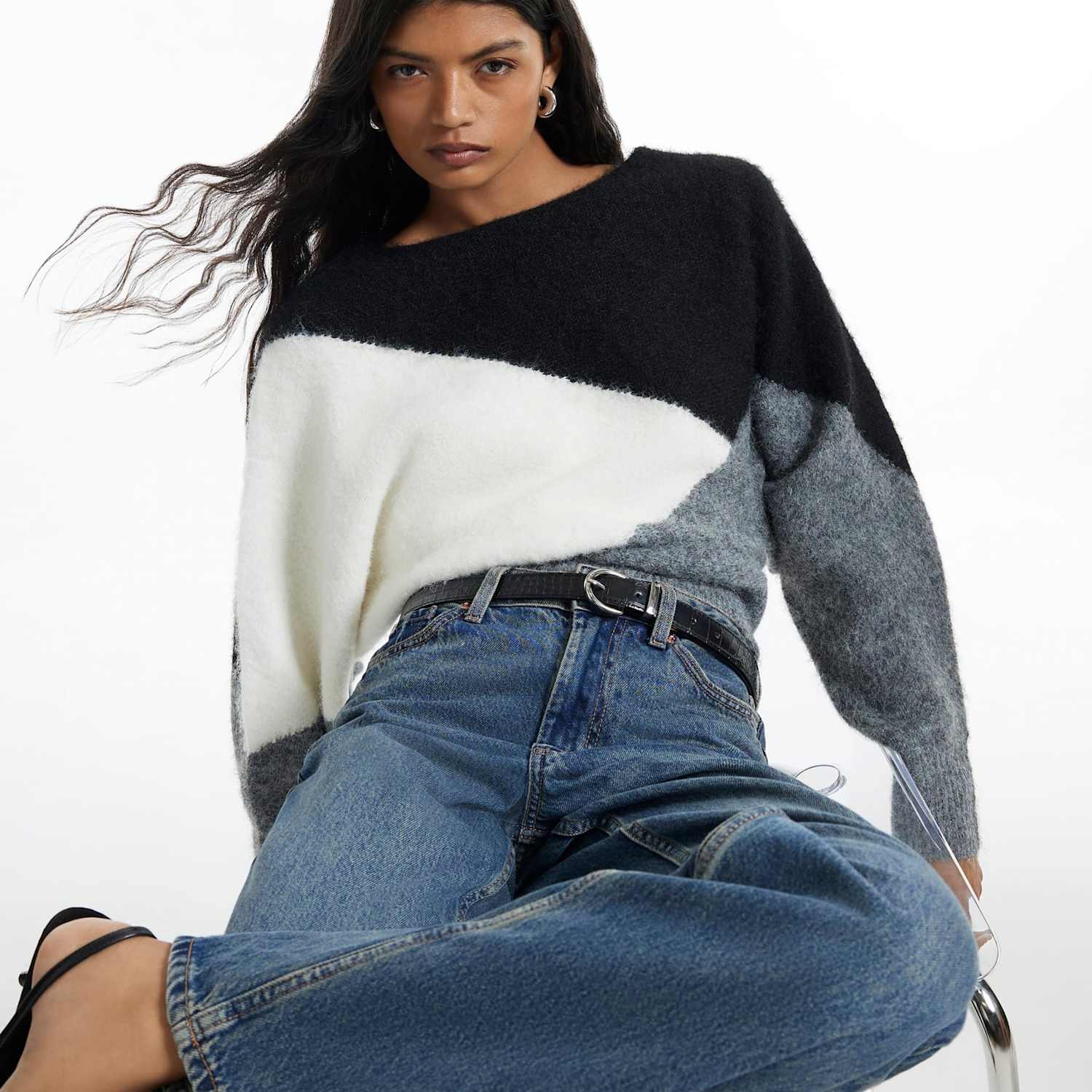 River Island Women's Colour Block Slash Neck Batwing Sleeve Jumper - Medium - Black Mix - Available at M&S