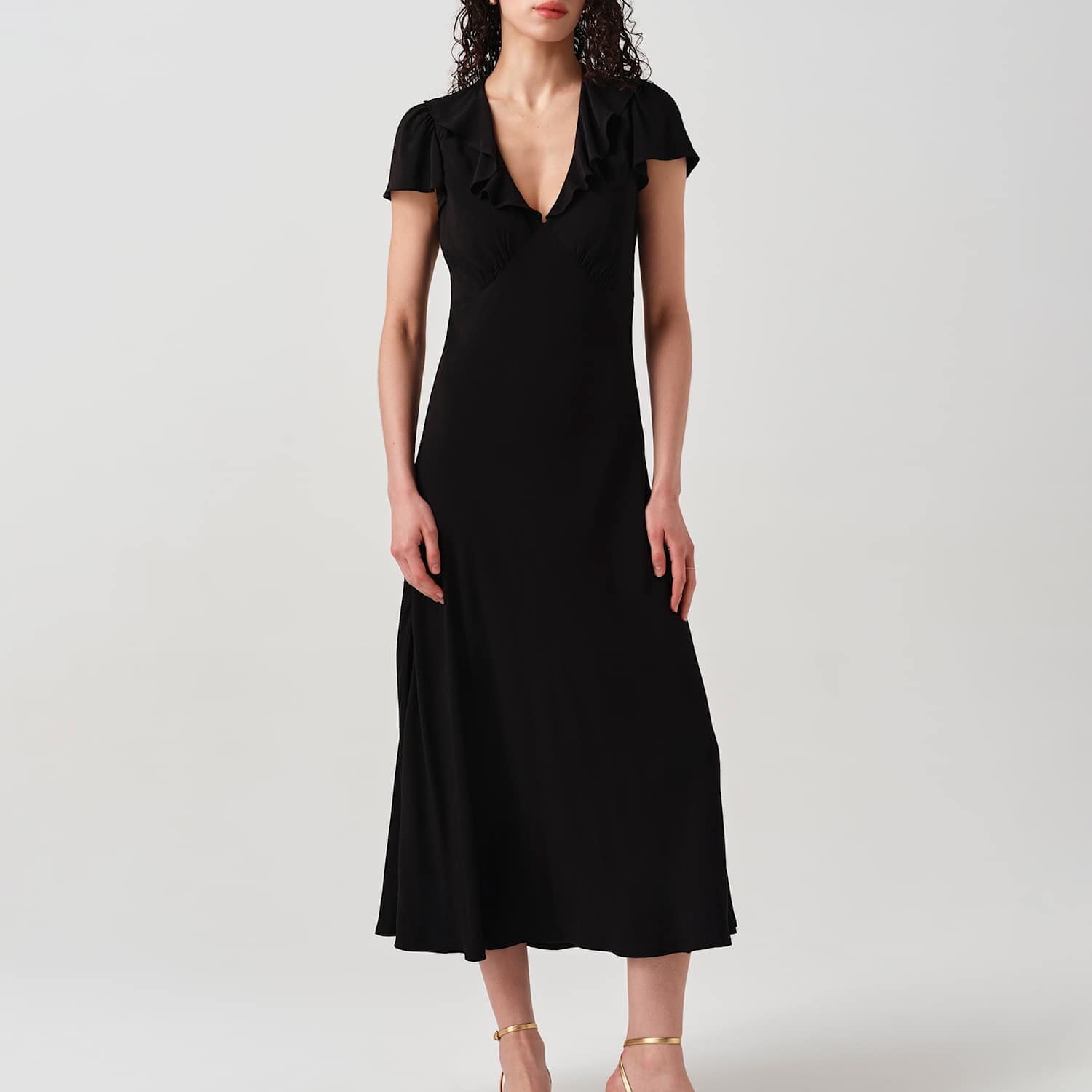 Ghost Women's Crepe Frill V-Neck Midi Tea Dress - 10 - Black - Available at M&S