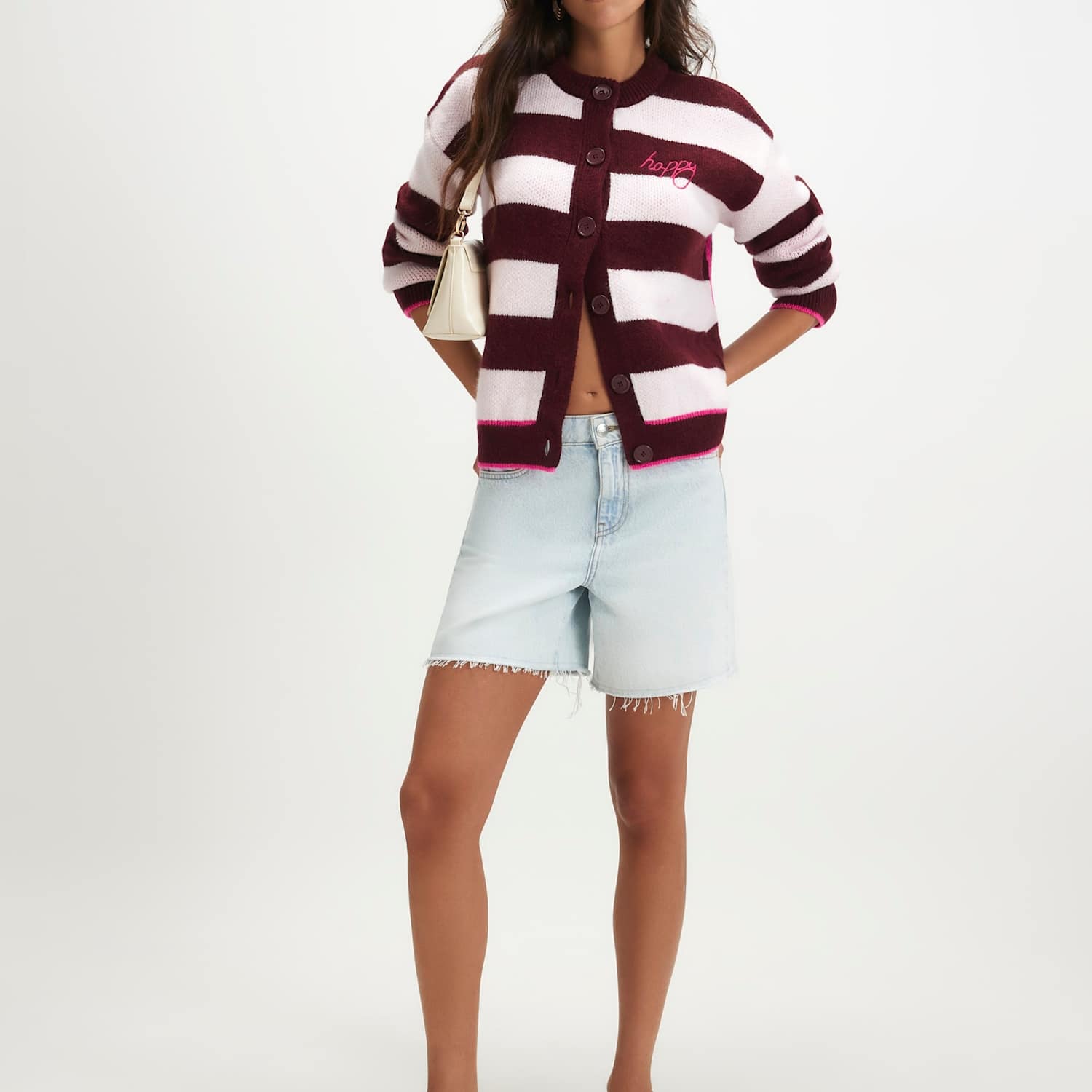 River Island Women's Slogan Striped Button Front Cardigan - Medium - Burgundy Mix - Available at M&S