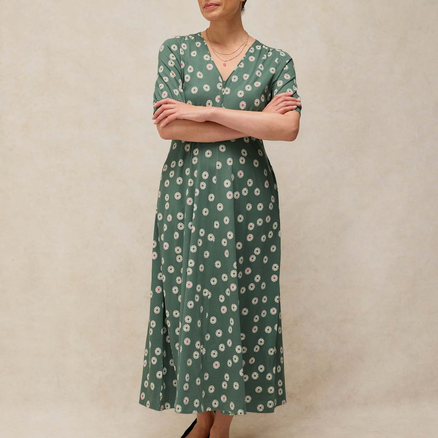 White Stuff Women's Megan Cotton Blend Jersey Printed Midi Tea Dress - 12 - Green Mix - Available at M&S