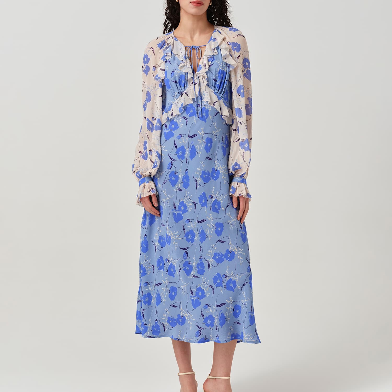 Ghost Women's Floral Frill Detail Midi Tea Dress - 10 - Blue Mix - Available at M&S