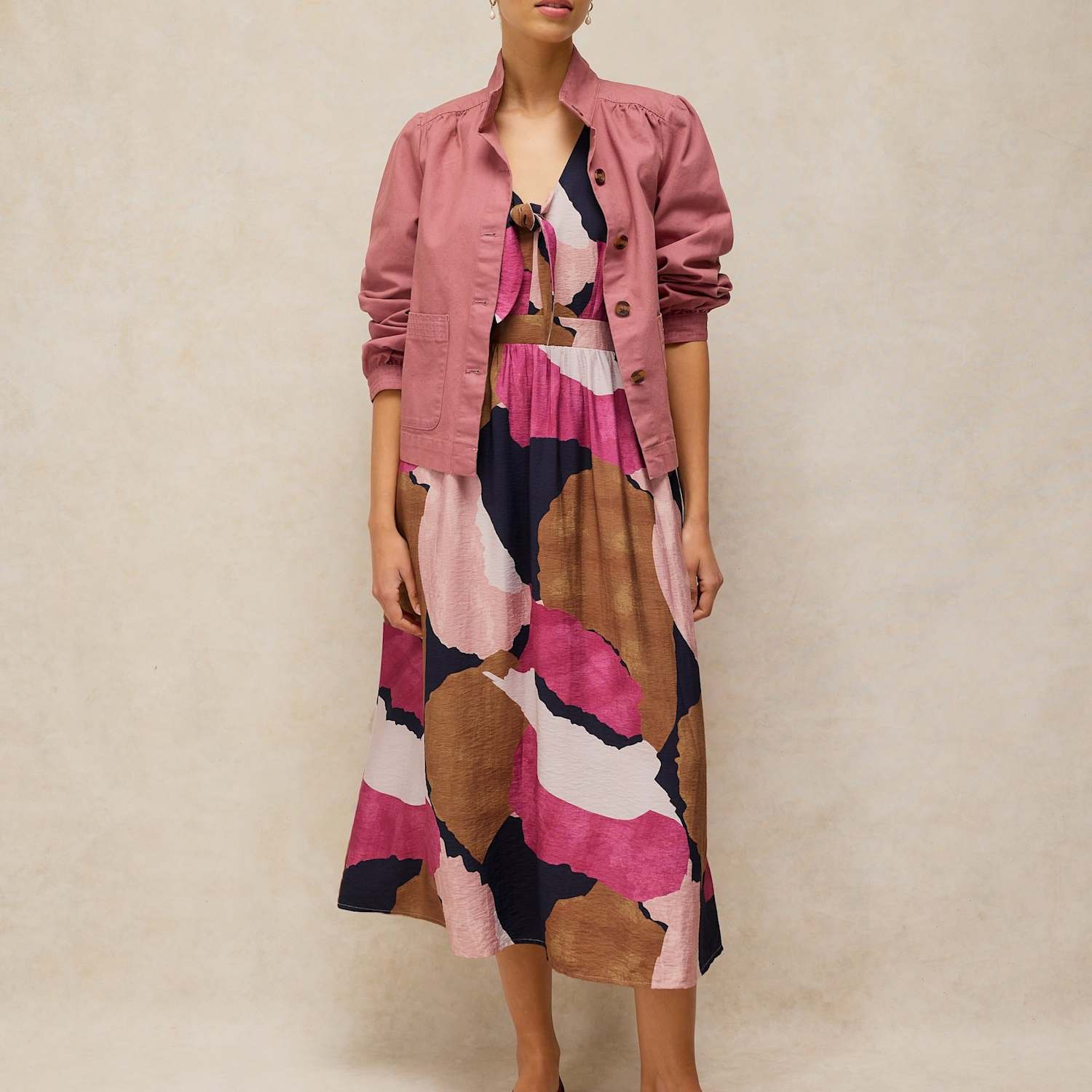 White Stuff Women's Maisie Printed Knotted V-Neck Midi Waisted Dress - 12 - Pink Mix - Available at M&S