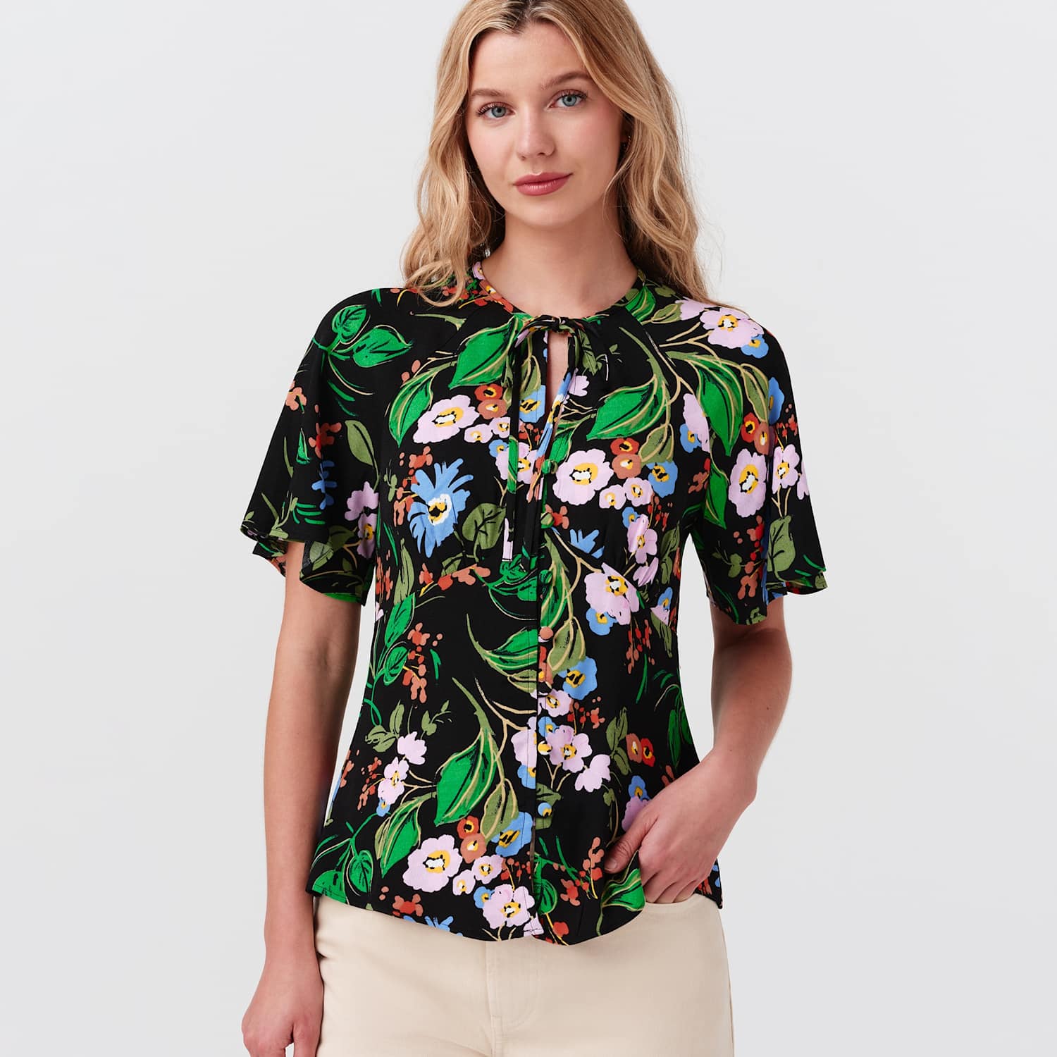 Ghost Women's Crepe Floral Tie Neck Angel Sleeve Top - 10 - Black Mix - Available at M&S