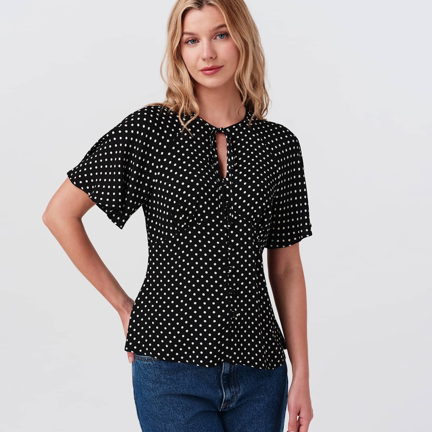 Ghost Women's Crepe Polka Dot Tie Neck Angel Sleeve Top - 10 - Black Mix - Available at M&S
