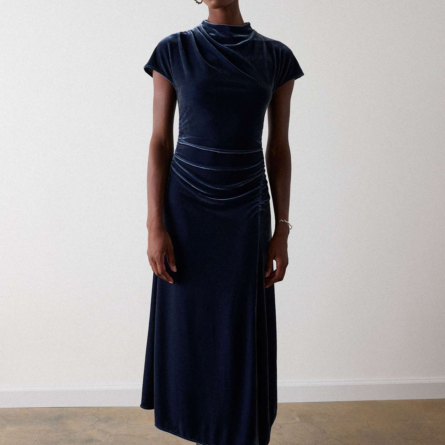 Whistles Women's Velvet Ruched Midi Bodycon Dress - 8 - Navy - Available at M&S