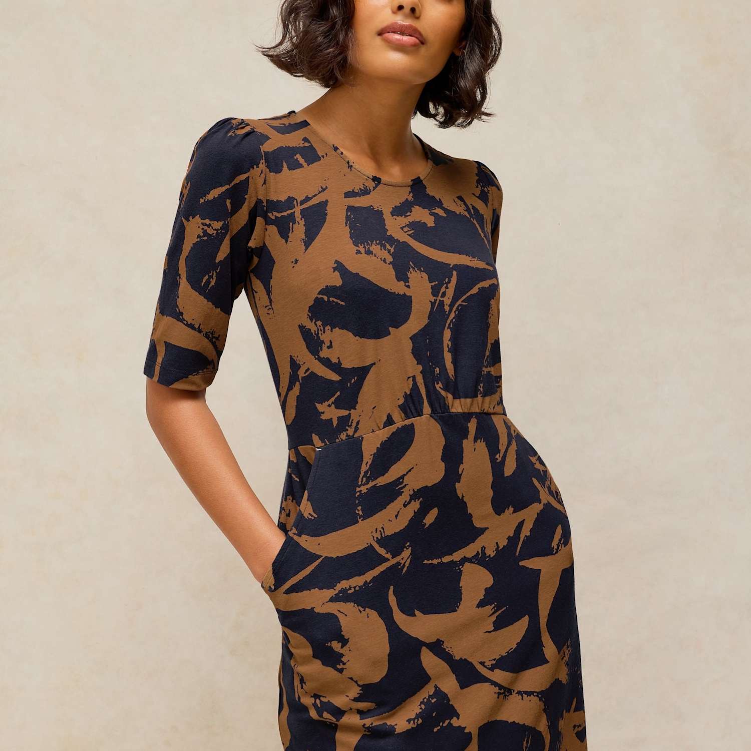 White Stuff Women's Olivia Cotton Rich Jersey Printed Waisted Dress - 14 - Navy Mix - Available at M&S