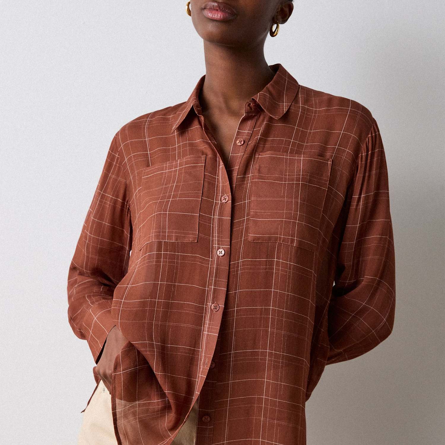 Whistles Women's Sheer Checked Collared Button Through Shirt - 16 - Brown Mix - Available at M&S