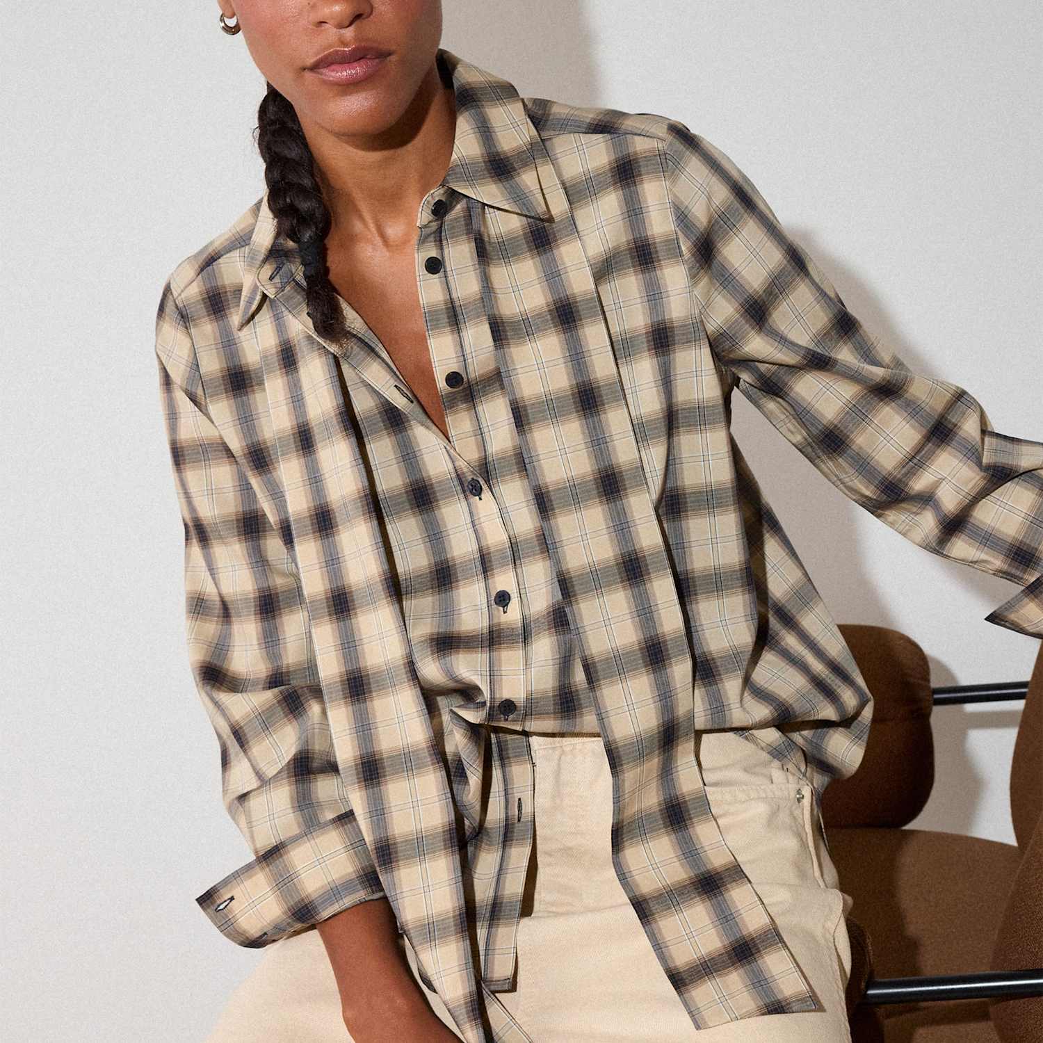 Whistles Women's Checked Scarf Detail Shirt with Lyocell - 14 - Brown Mix - Available at M&S
