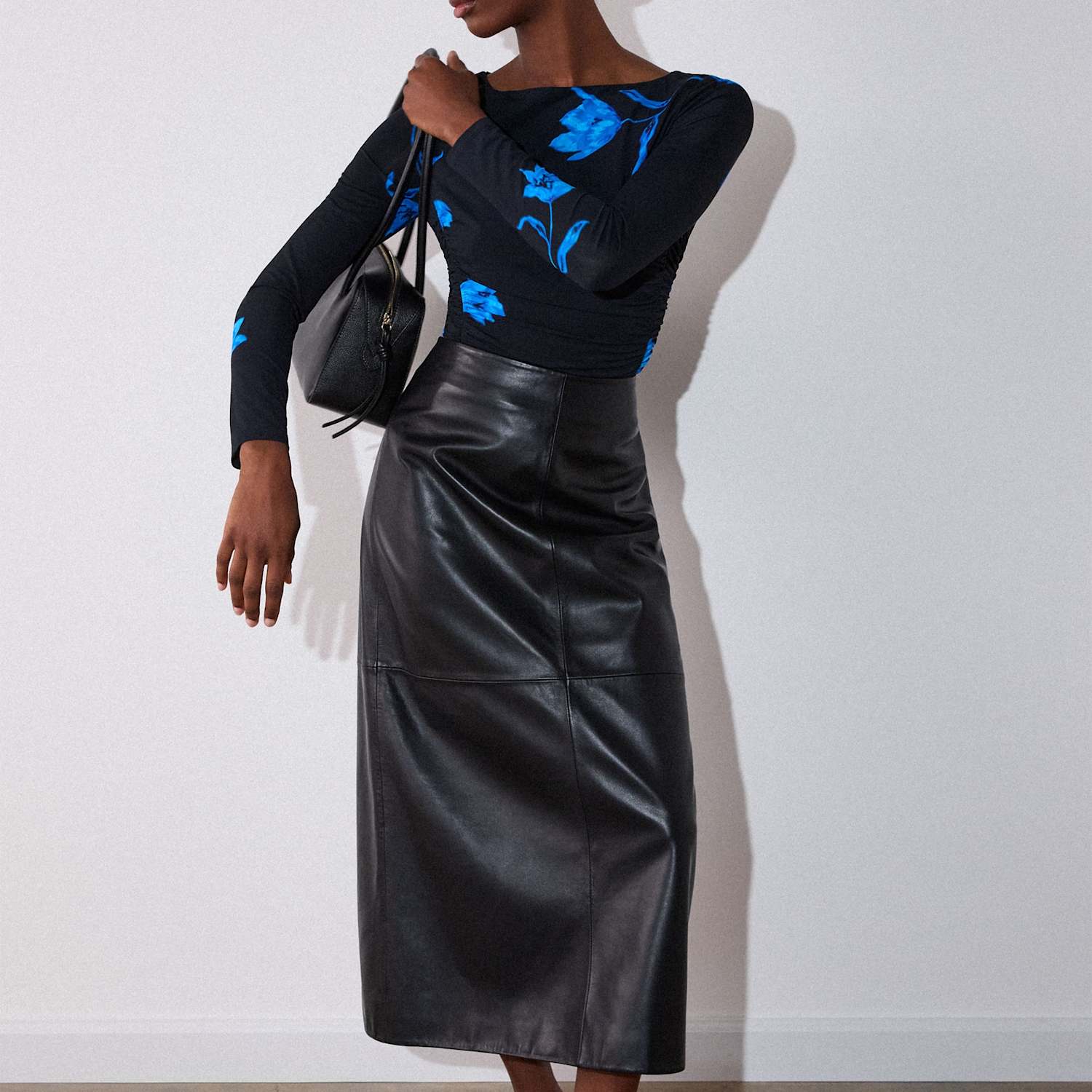 Whistles Women's Jersey Floral Slash Neck Ruched Side Top - 14 - Black Mix - Available at M&S