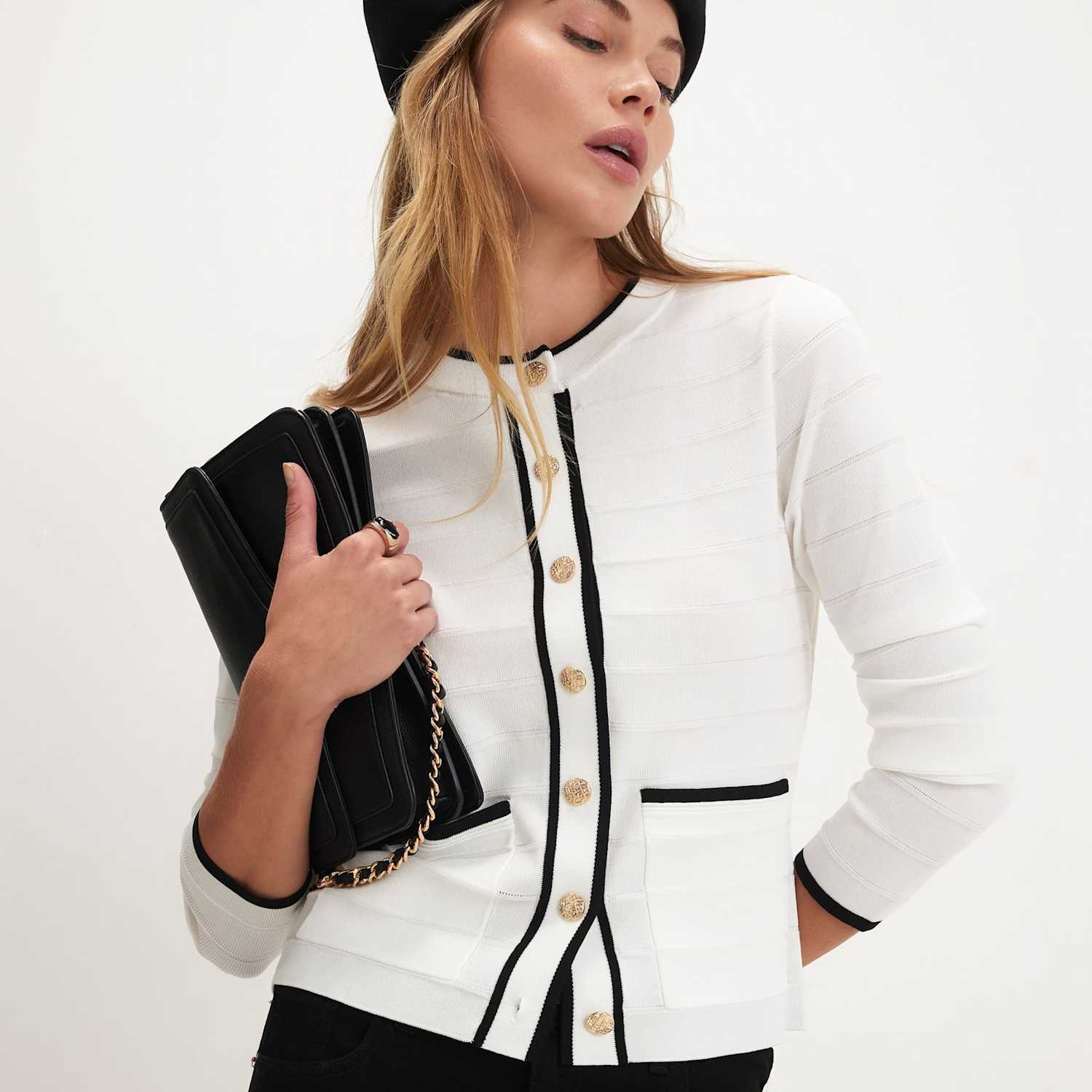 River Island Women's Button Through Tipped Military Cardigan - Small - White Mix - Available at M&S