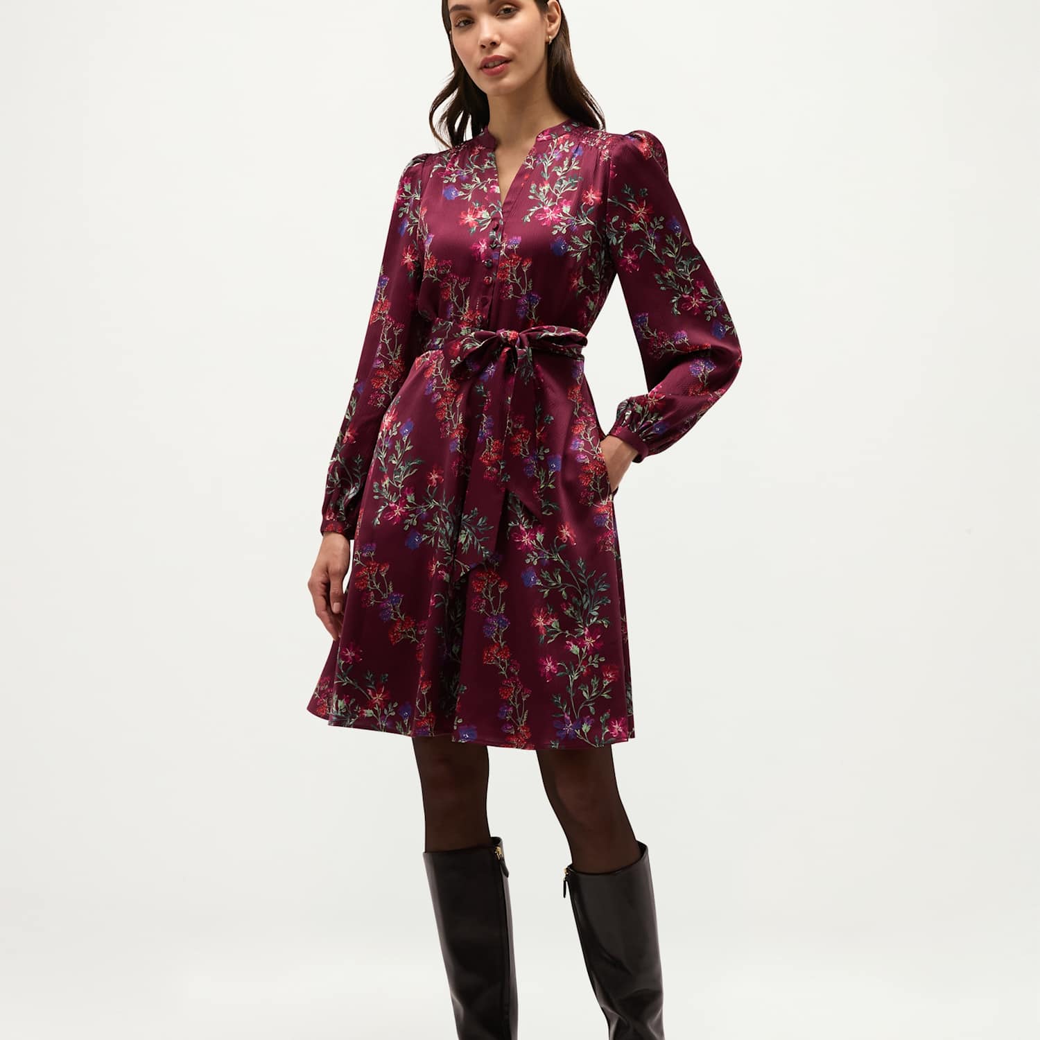 Hobbs Women's Satin Floral V Neck Tie Waist Mini Dress - 12 - Purple Mix - Available at M&S