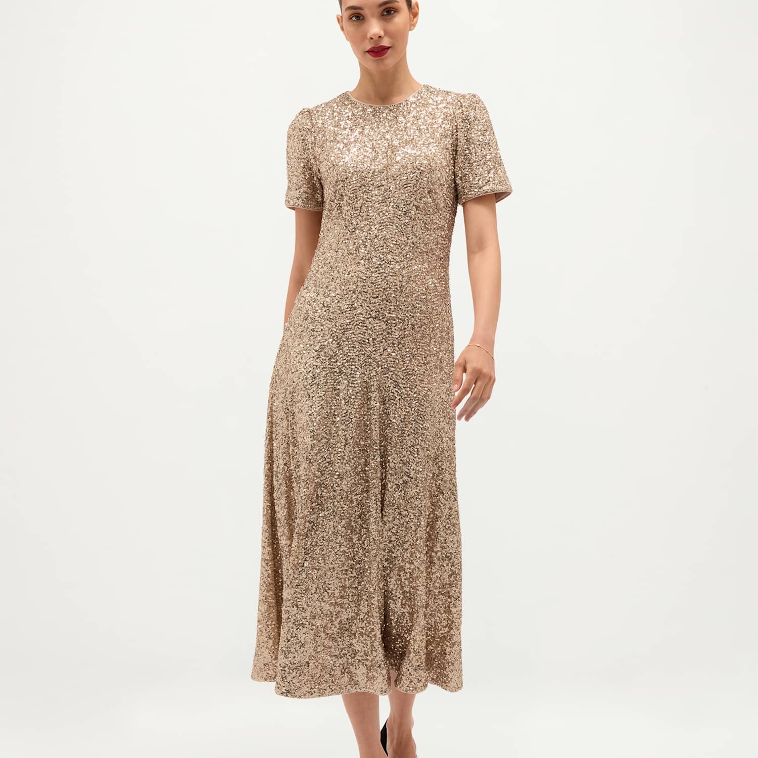 Hobbs Women's Sequin Crew Neck Midi Dress - 10 - Gold Mix - Available at M&S