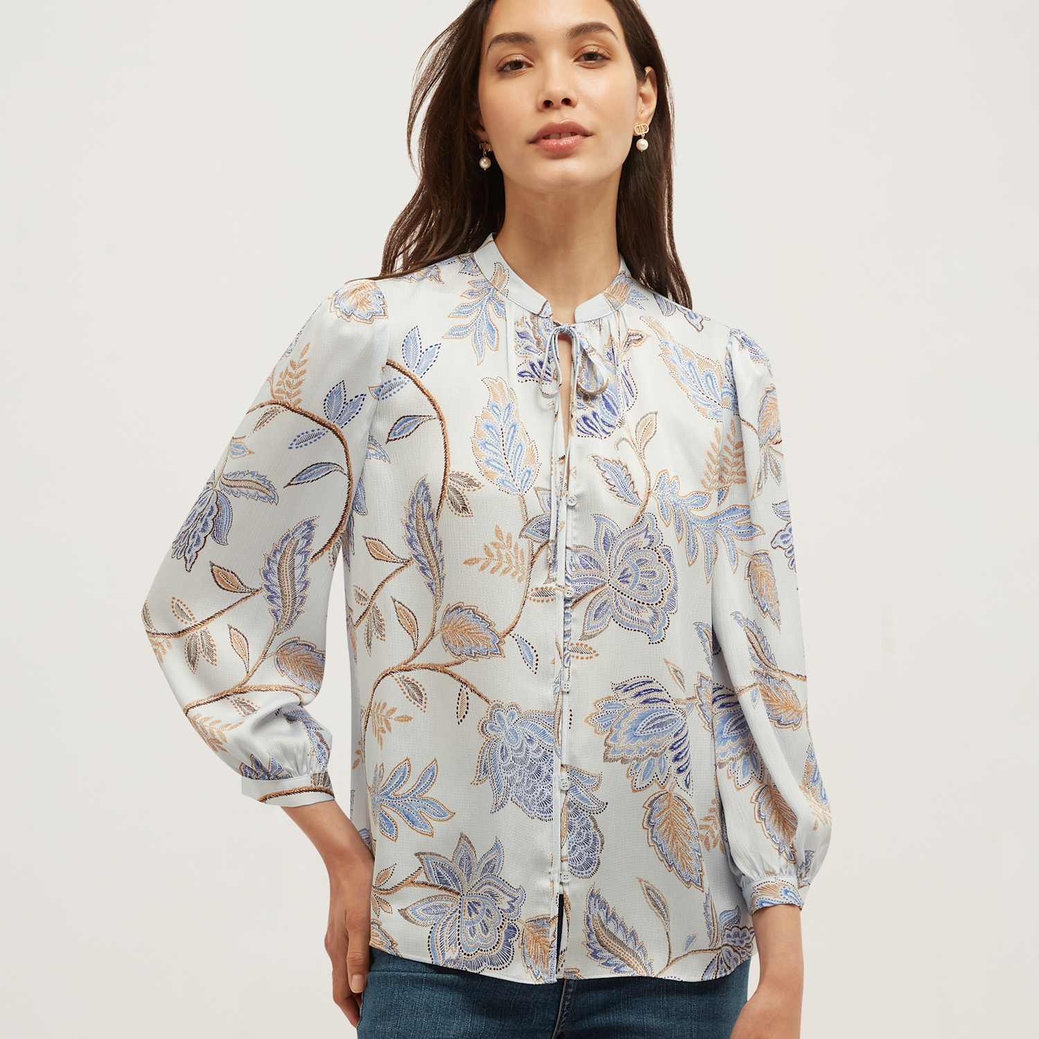 Hobbs Women's Floral Tie Neck Button Through Blouse - 16 - Blue Mix - Available at M&S