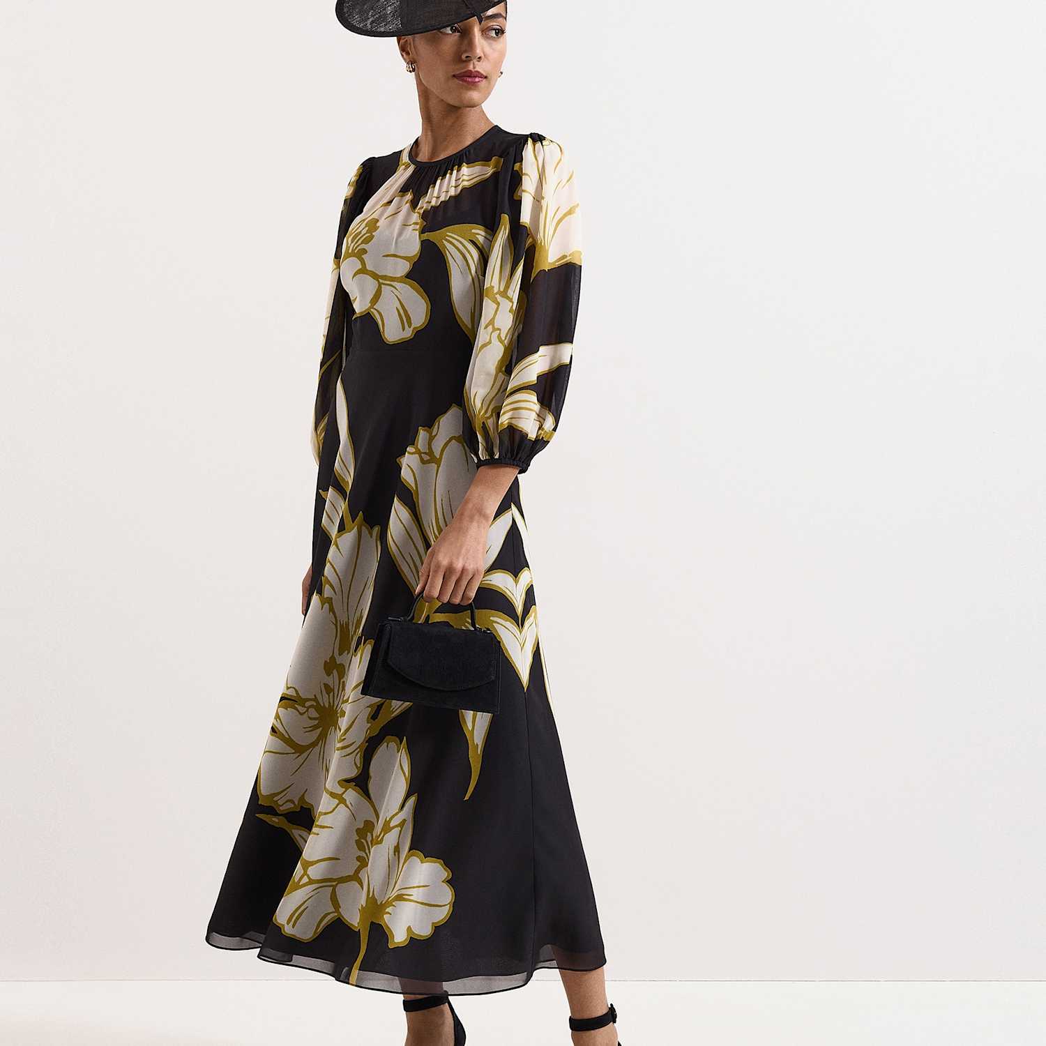 Phase Eight Women's Floral Blouson Sleeve Midi Skater Dress - 14 - Black Mix - Available at M&S