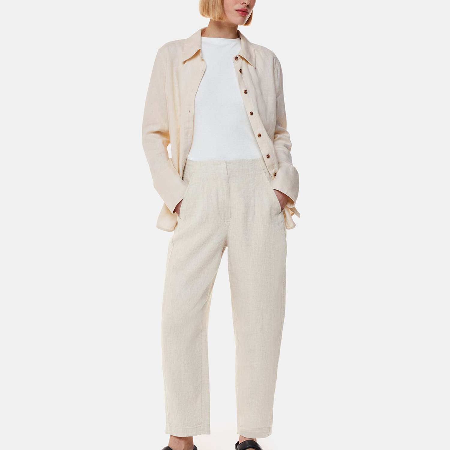 Whistles Women's Pure Linen Barrel Leg Ankle Grazer Trousers - 12 - Oatmeal - Available at M&S