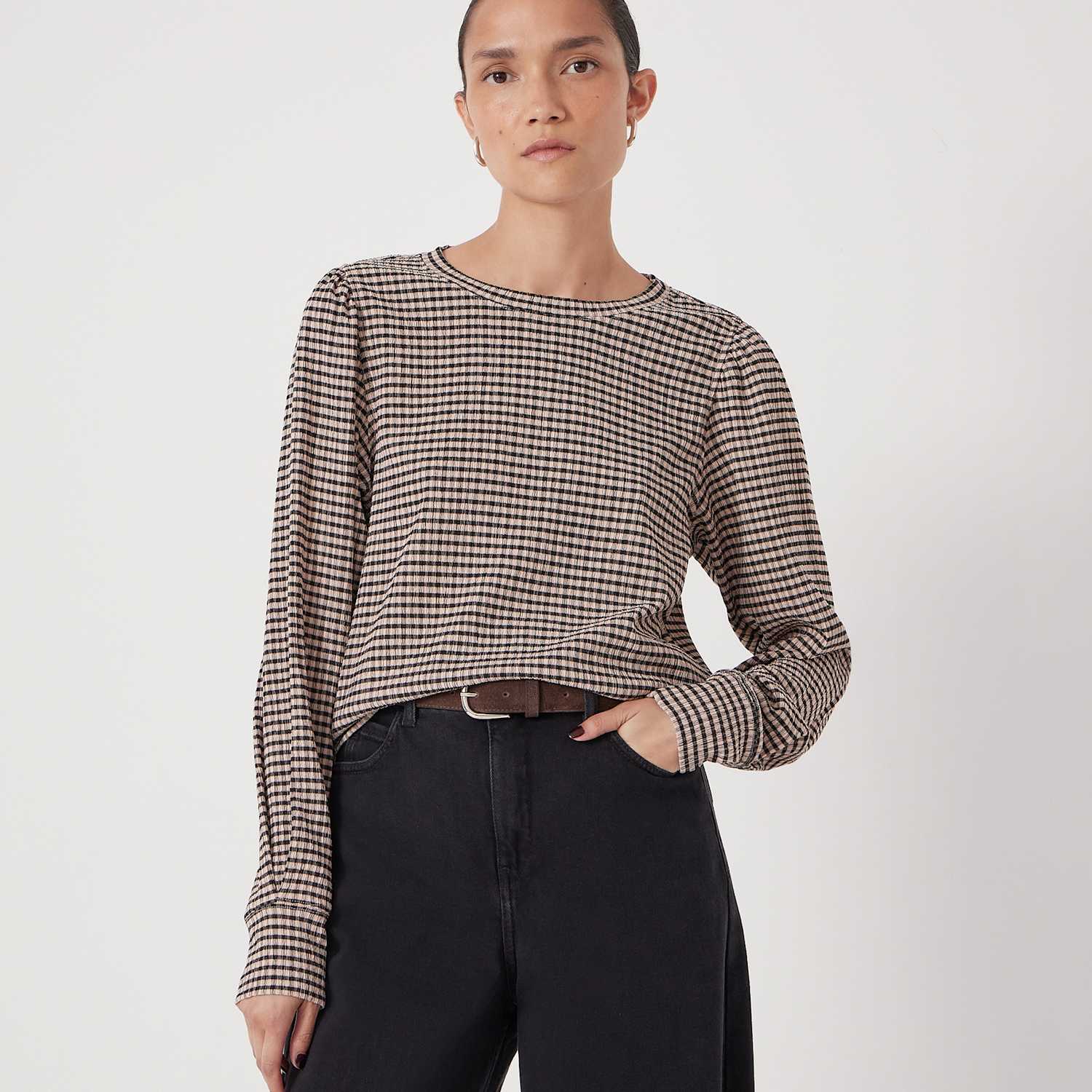 Hush Women's Emily Gingham Puff Sleeve Top - Medium-Large - Brown Mix - Available at M&S
