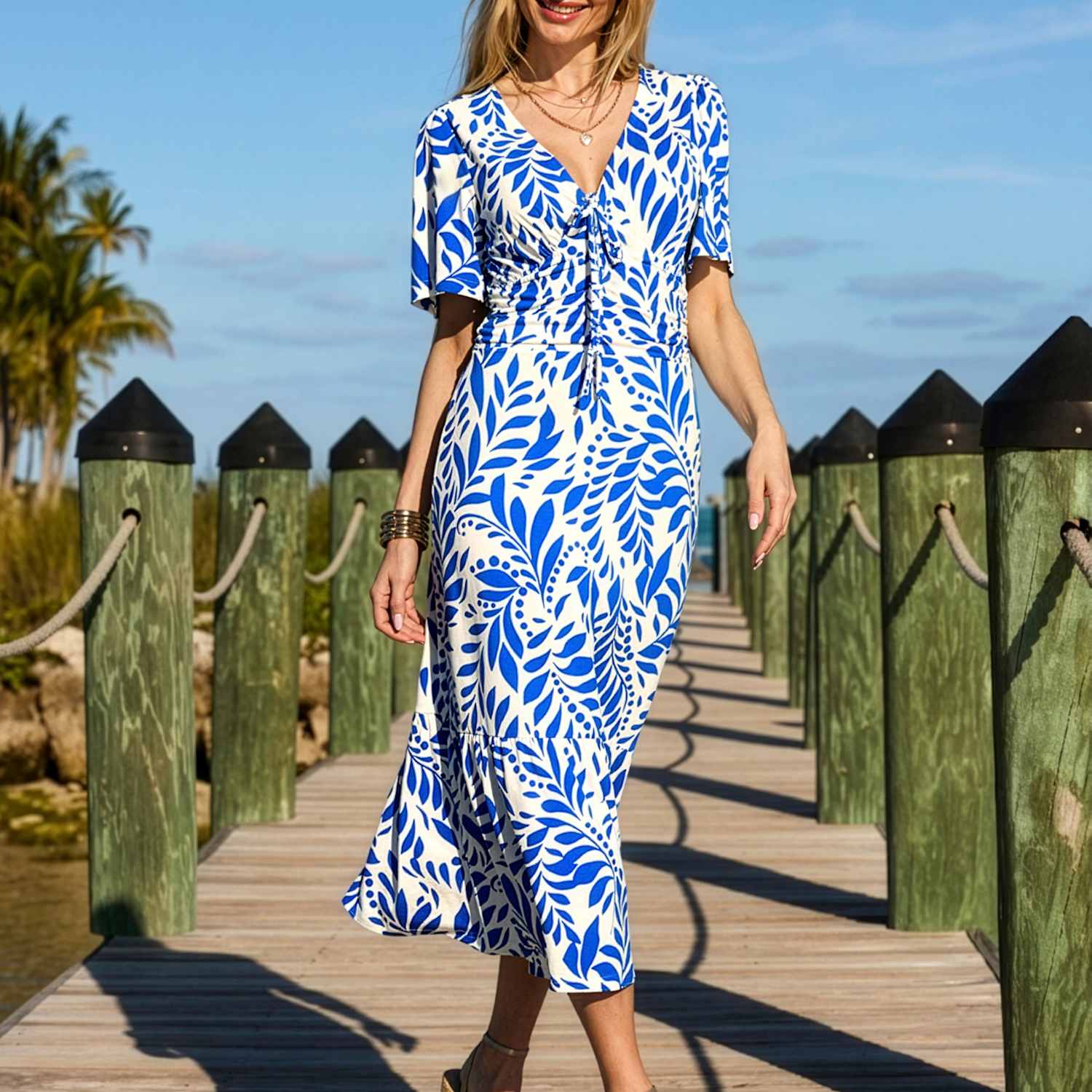 Sosandar Women's Floral V-Neck Ruched Midi Tea Dress - 6 - Blue Mix - Available at M&S