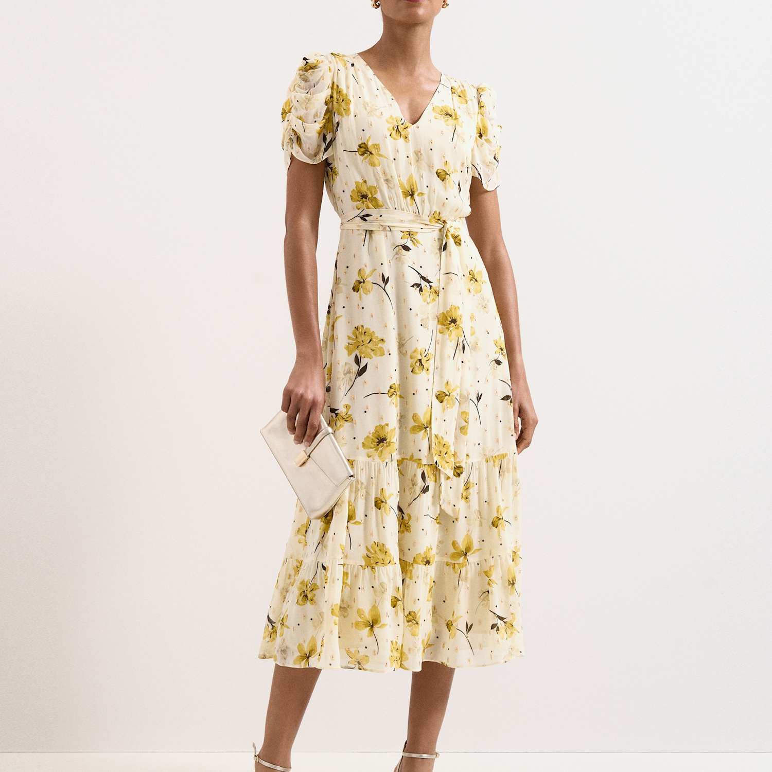 Phase Eight Women's Floral V-Neck Tie Waist Midi Tiered Dress - 14 - Yellow Mix - Available at M&S