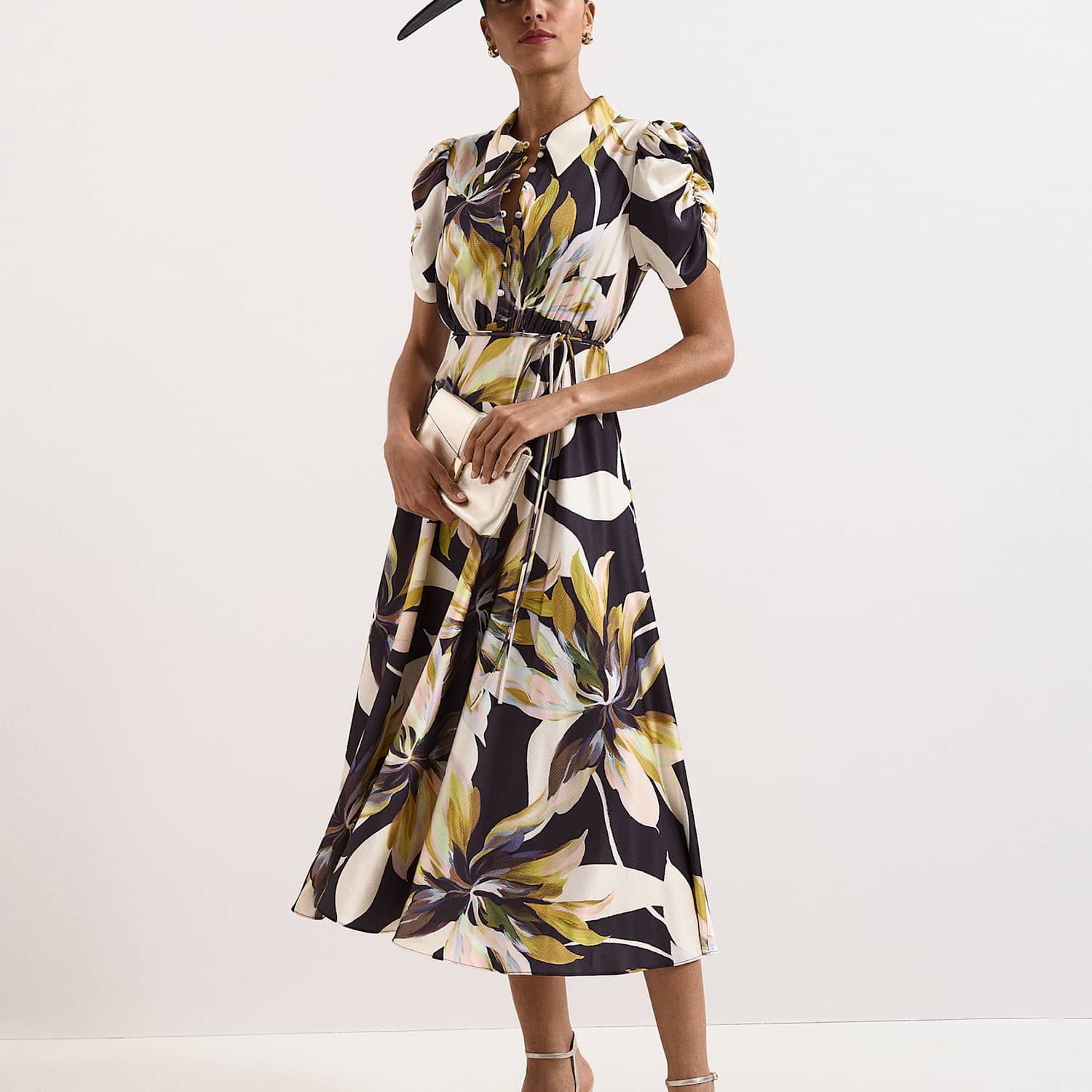 Phase Eight Women's Floral Tie Waist Midi Shirt Dress - 12 - Black Mix - Available at M&S