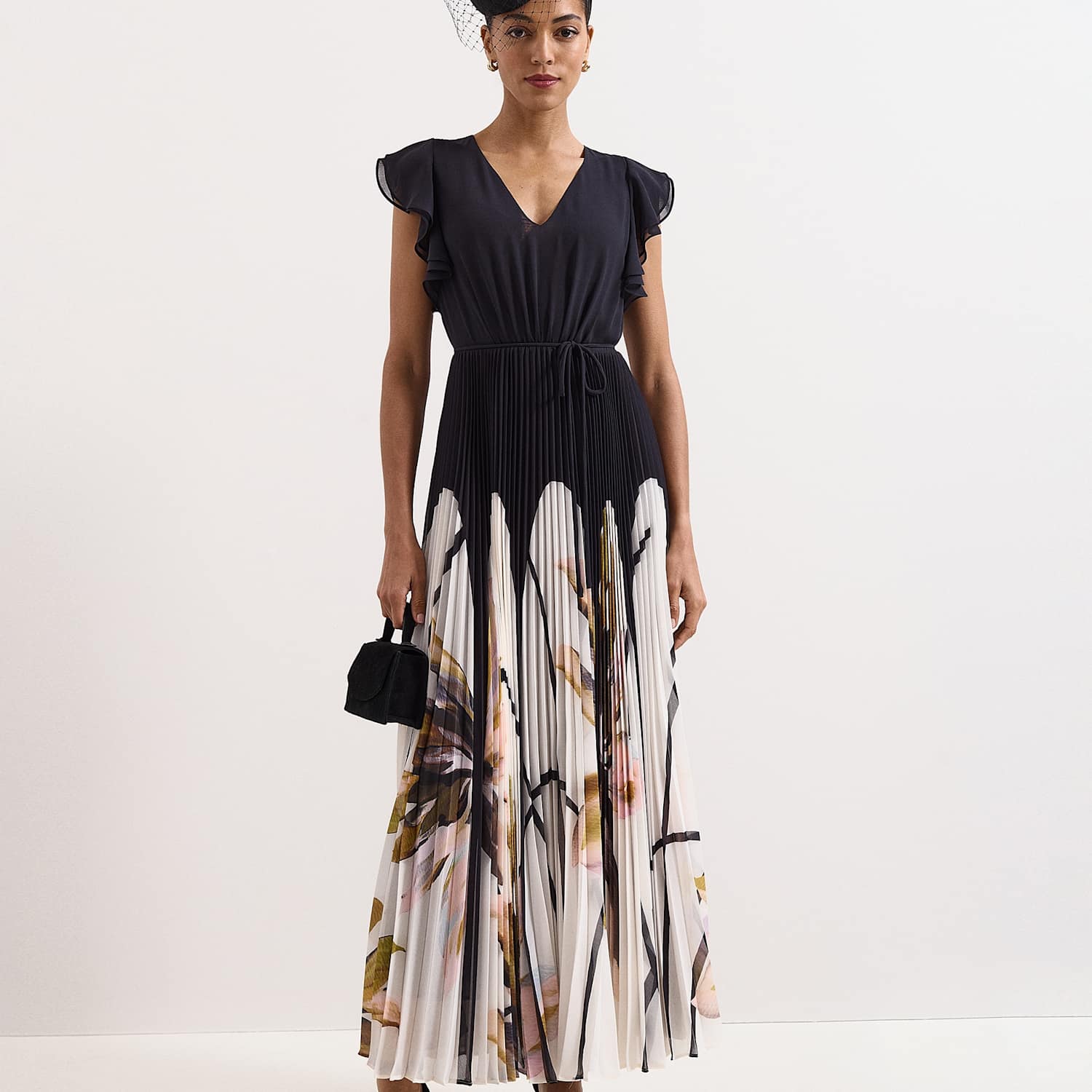 Phase Eight Women's Floral V-Neck Pleated Maxi Waisted Dress - 10 - Black Mix - Available at M&S