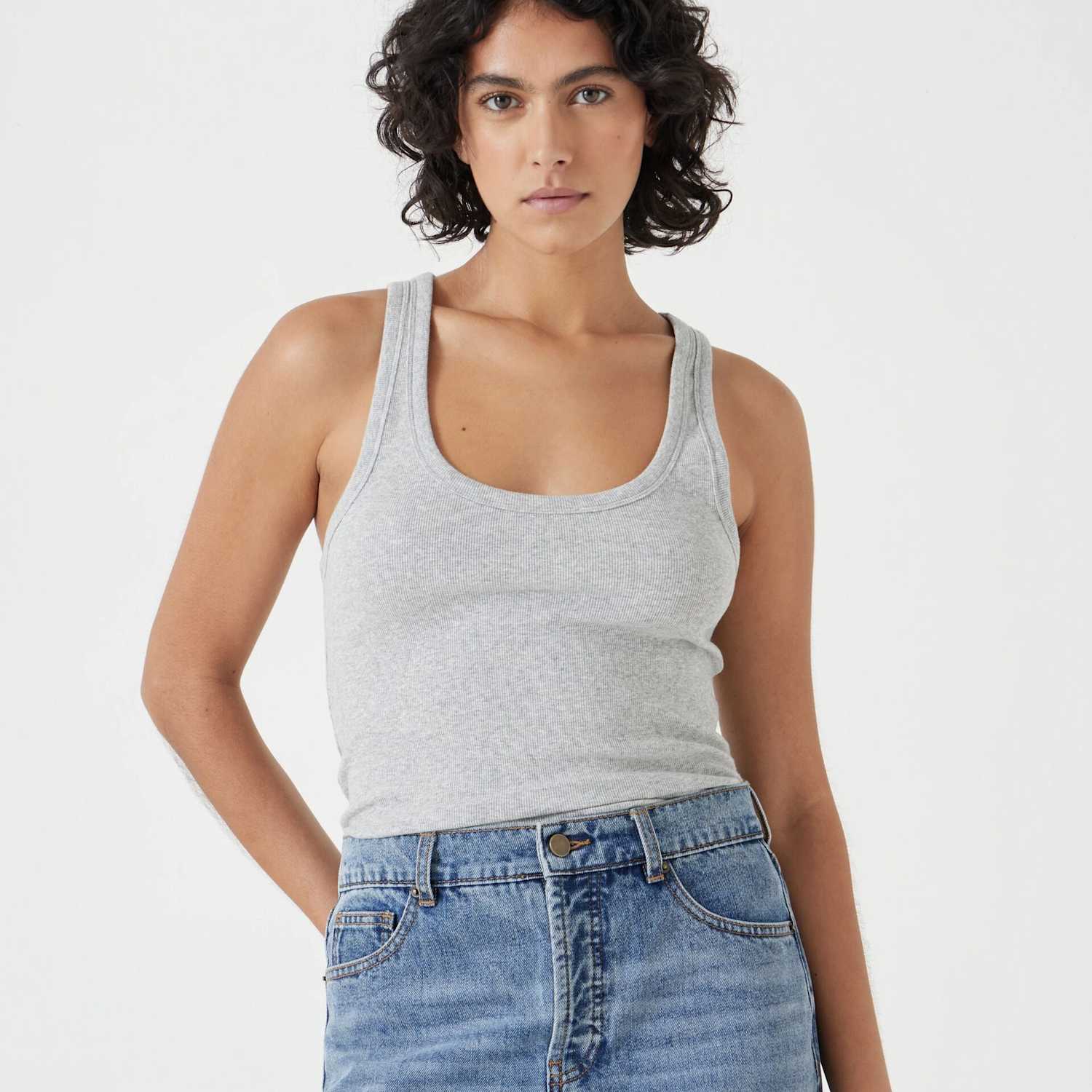 Hush Women's Cotton Rich Ribbed Scoop Neck Vest Top - Large - Grey Marl - Available at M&S