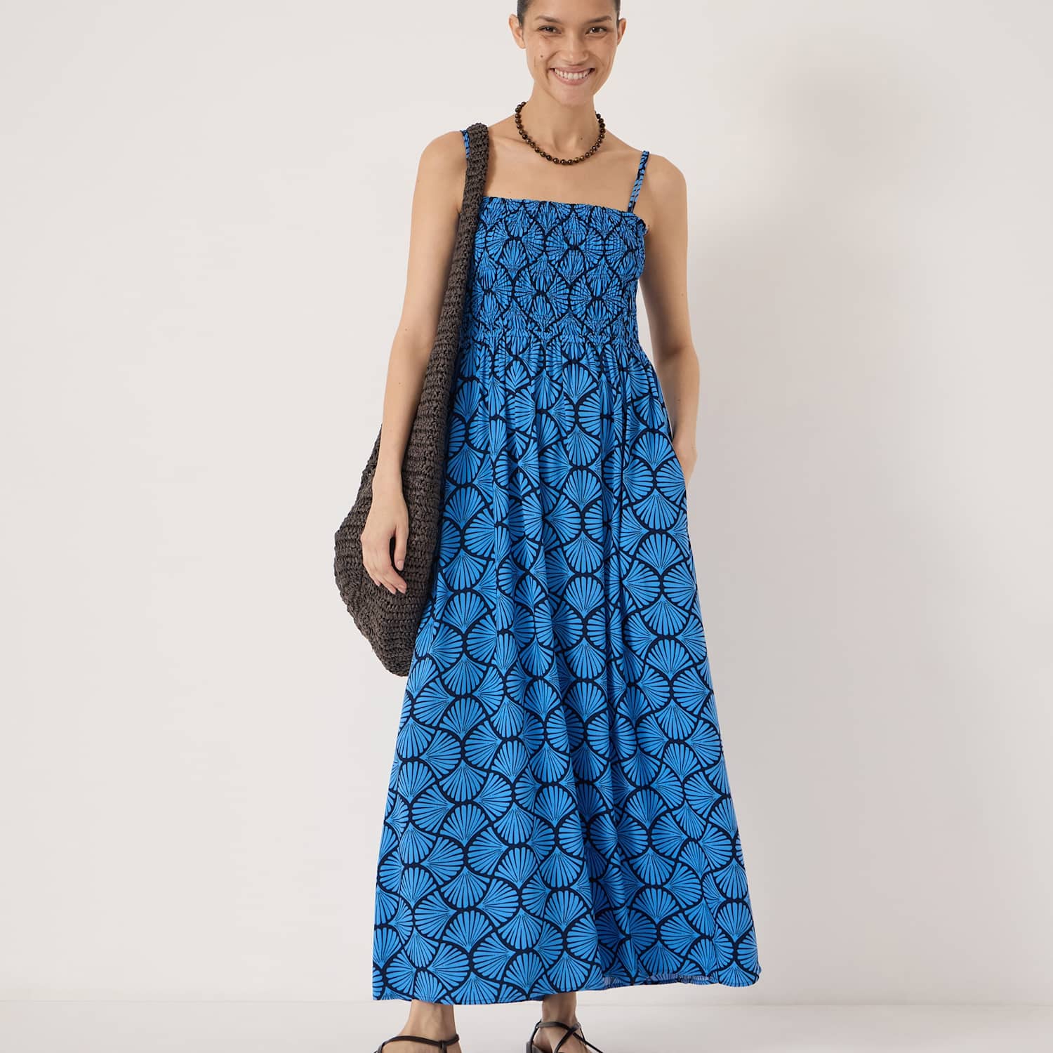 Hush Women's Geometric Square Neck Maxi Shirred Dress - Small-Medium - Blue Mix - Available at M&S