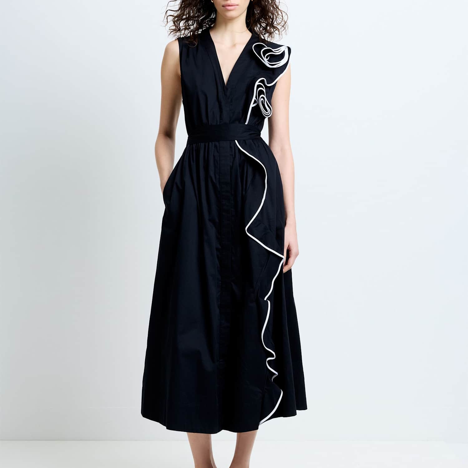 French Connection Women's Pure Cotton Poplin Corsage Midi Dress - 8 - Black Mix - Available at M&S