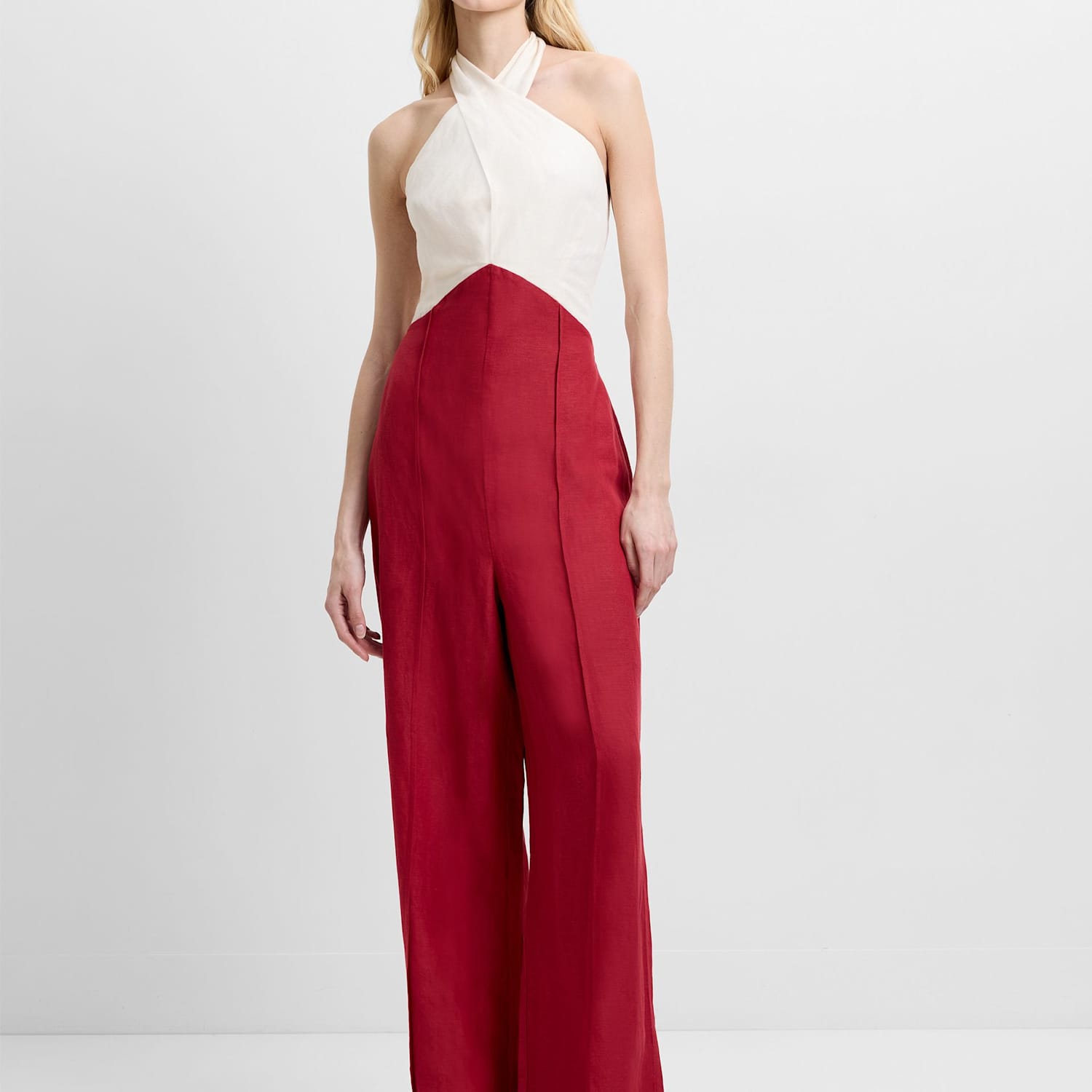 French Connection Women's Linen Blend Halterneck Sleeveless Jumpsuit - 16 - Burgundy Mix - Available at M&S