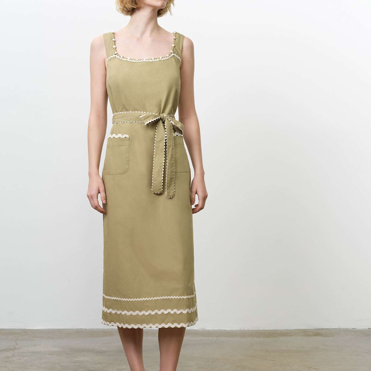 French Connection Women's Pure Cotton Square Neck Midi Waisted Dress - 8 - Green Mix - Available at M&S