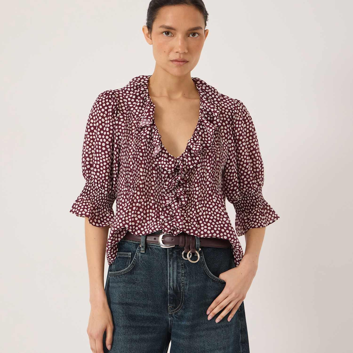 Hush Women's Spot Print V-Neck Relaxed Ruffle Blouse - Extra Small - Blue Mix - Available at M&S